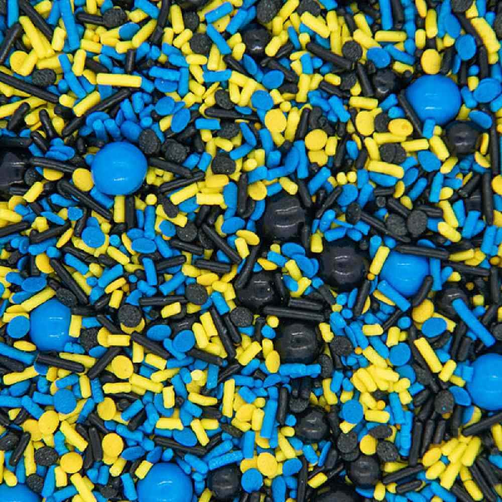 Sweets &   Boutique Batman Cake Decorations - Blue & Yellow Sprinkles with Black Sugar Pearls