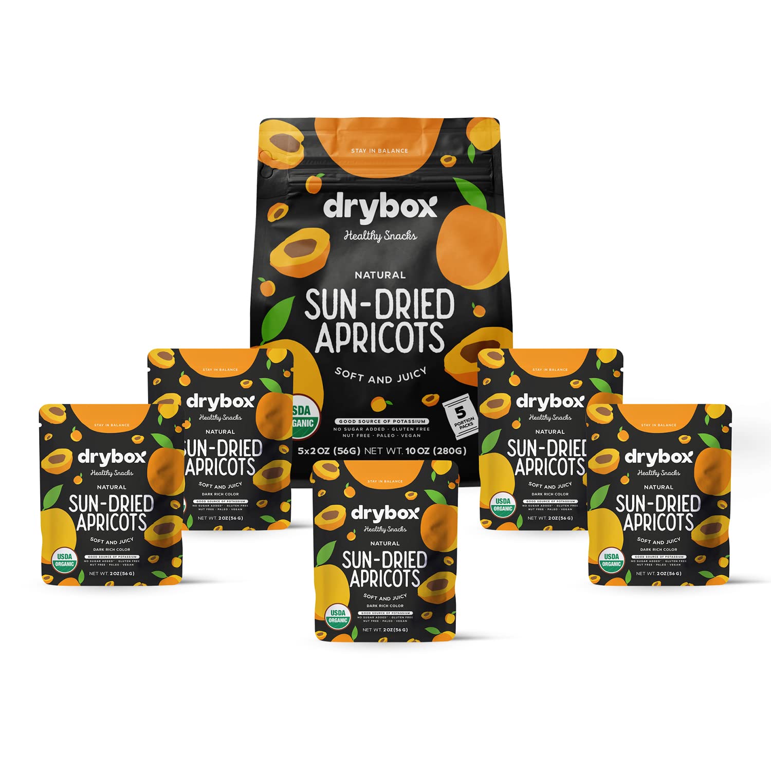 Drybox Organic Sun Dried Turkish Apricots, 5 Snack Packs Unsulfured Unsweetened No Sugar Added, Non-GMO Dried Apricots for Snack