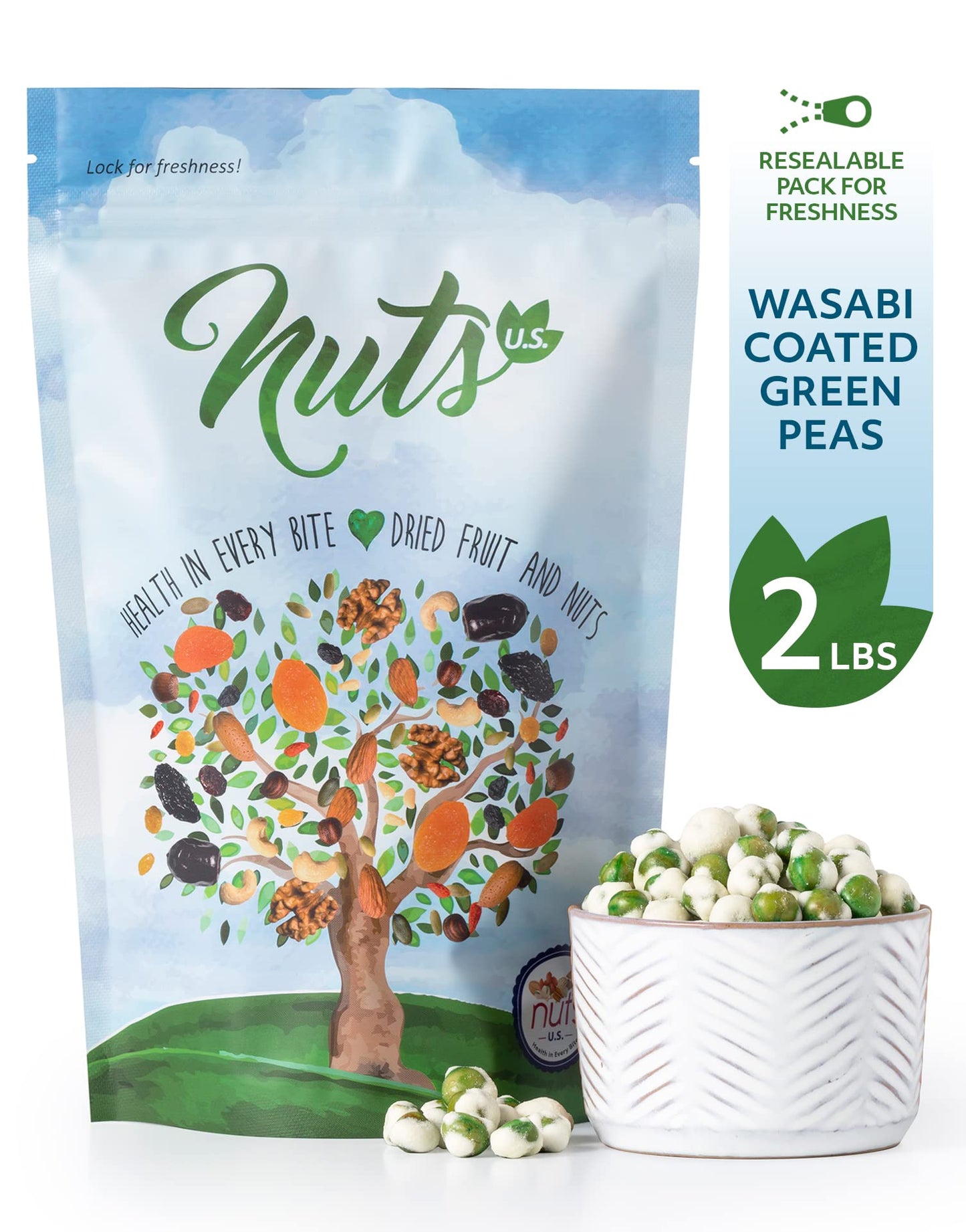 NUTS U.S. Wasabi Coated Green Peas, Vegan, Crunchy & Spicy, 32 Ounce Resealable Bag