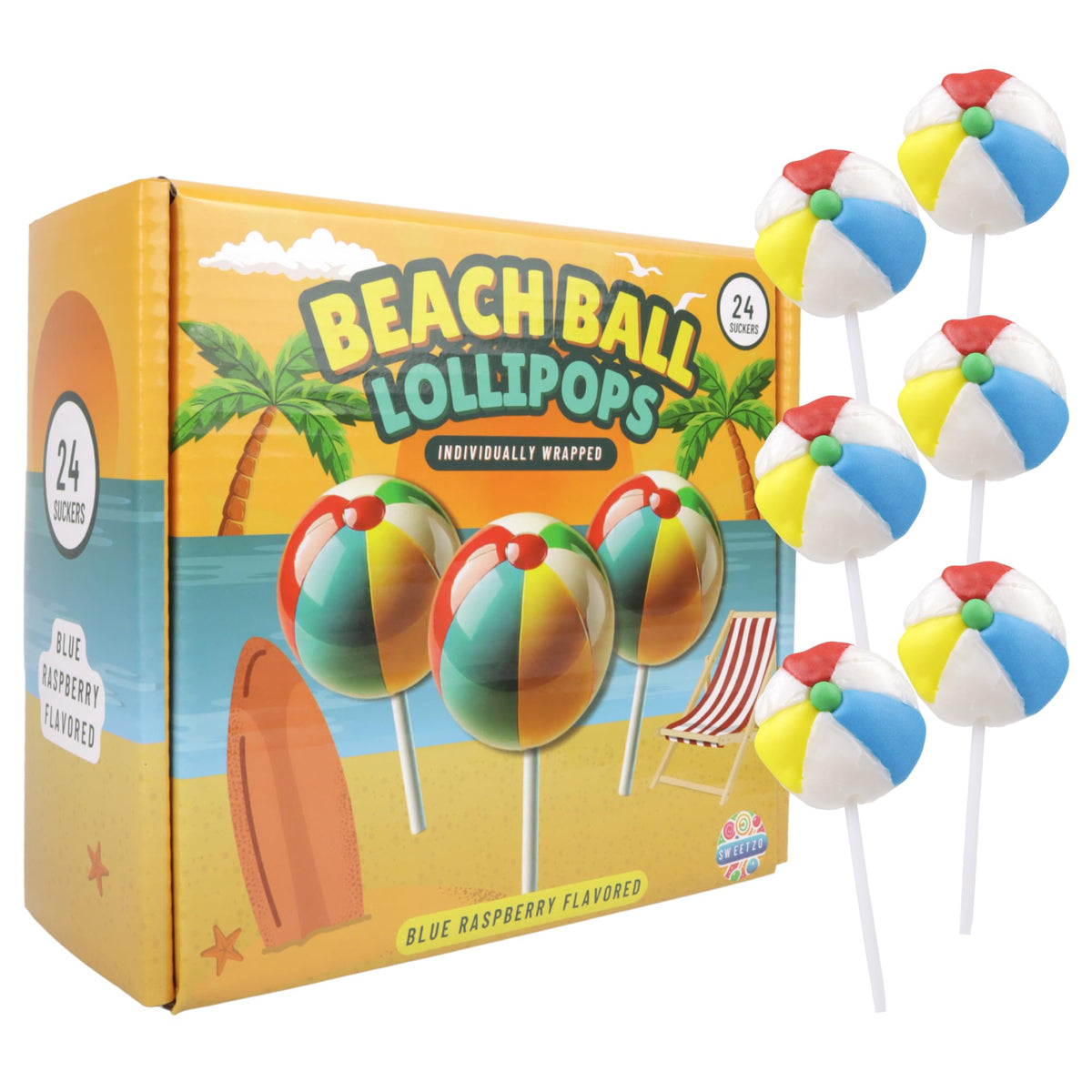 Beach Ball Lollipops, Individually Wrapped Blue Raspberry Suckers, Tropical Party Favors, 24 Count, 10.16 Ounces