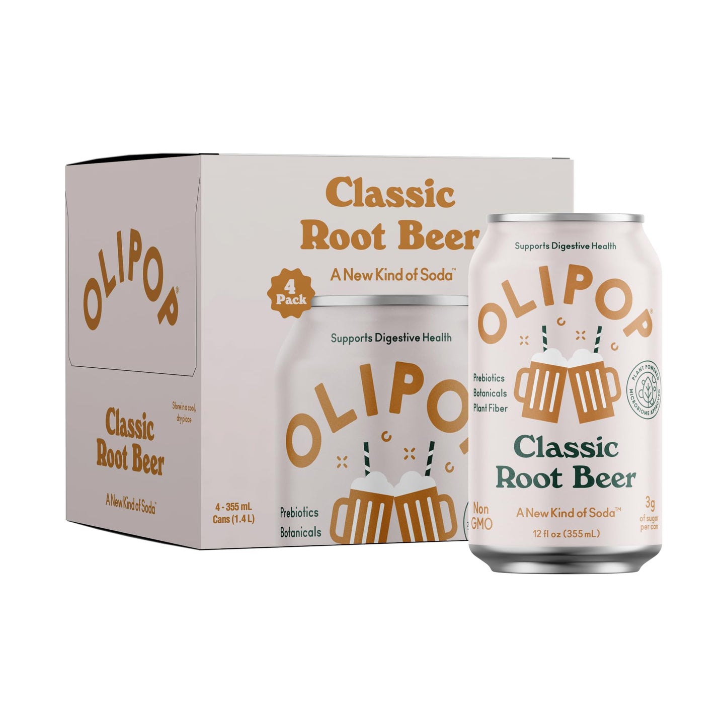 OLIPOP Prebiotic Soda Pop  Classic Root malt-inspired  Prebiotics  Botanicals  Plant Fiber  12 fl oz (4 Cans)