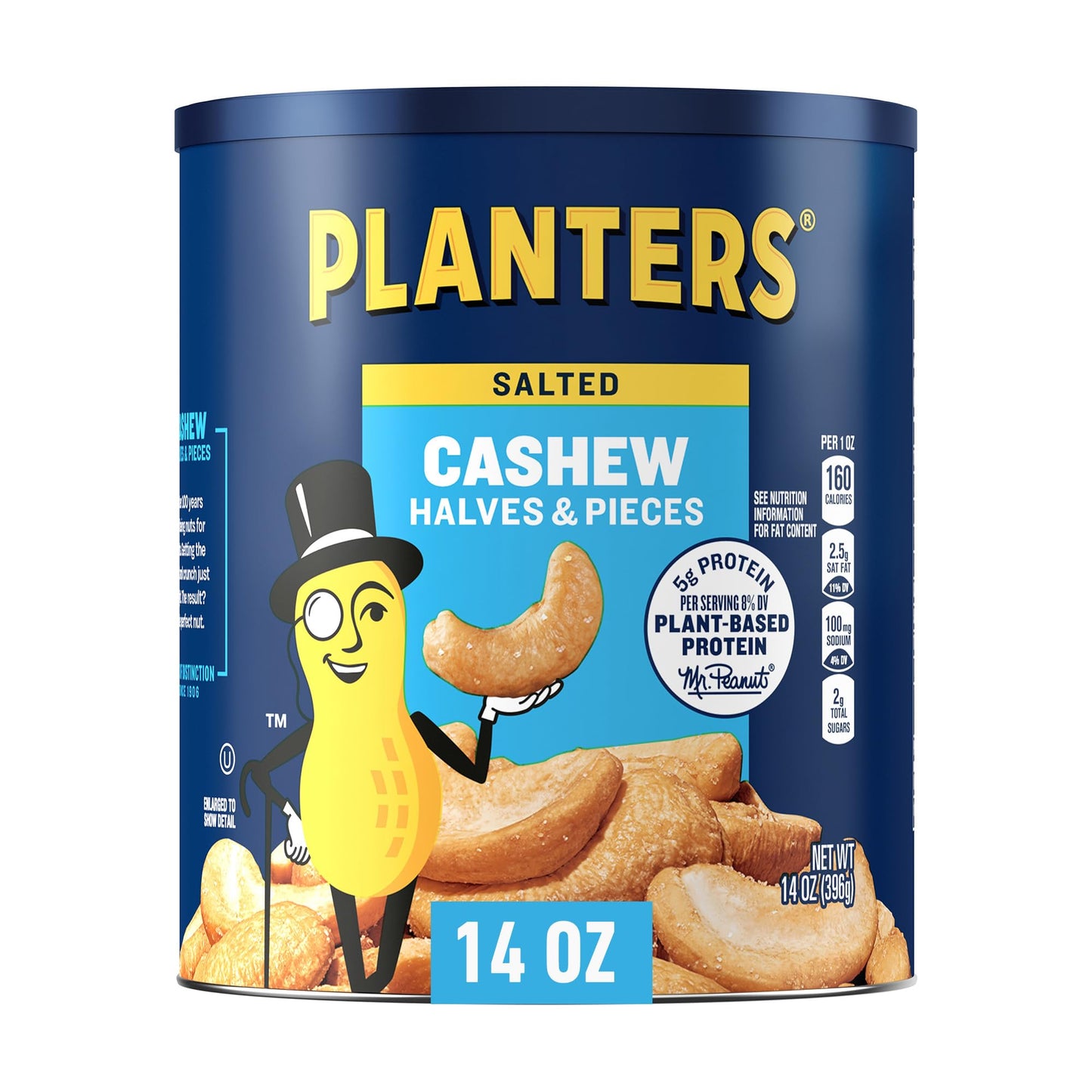 PLANTERS Salted Cashew Halves & Pieces, Party Snacks, Plant-Based Protein, 14 Oz Canister