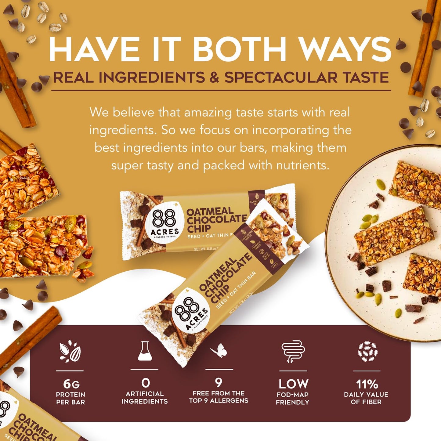 88 Acres Granola Bars | Oatmeal Chocolate Chip | Gluten Free, Nut-Free Oat and Seed Granola Bar | Vegan & Always Non GMO | 12 Pa
