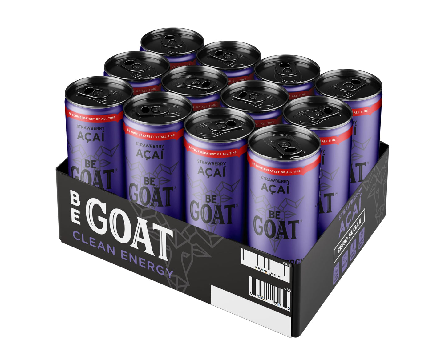 BeGOAT ZERO SUGAR Strawberry Acai Energy Drink | 200 Mg Caffeine | Vegan, Gluten-Free | 12 FL OZ (Pack of 12)