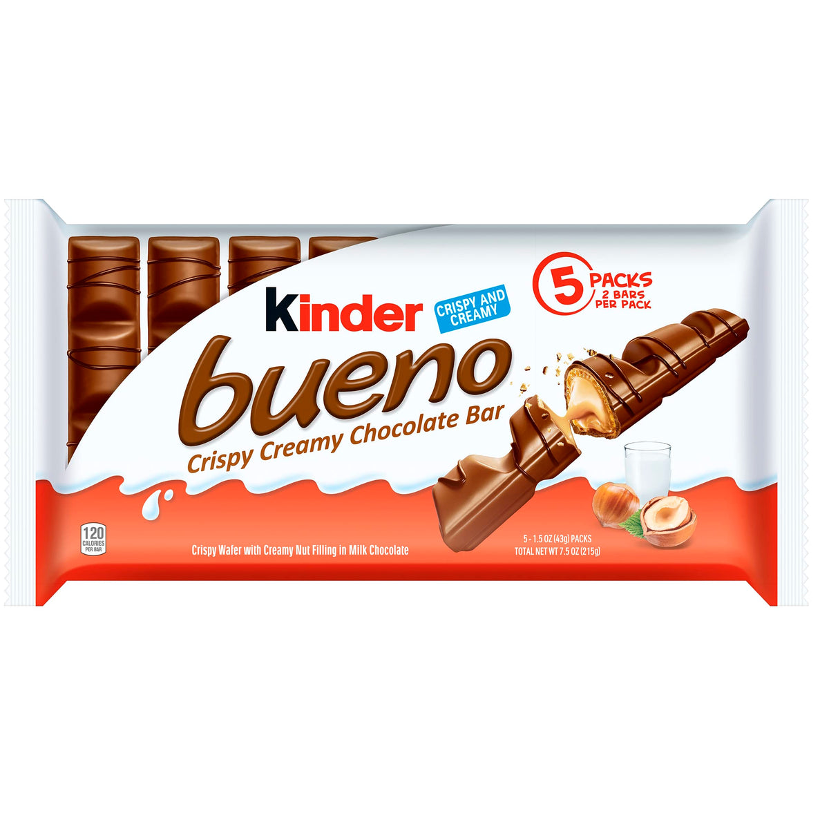 Kinder Bueno Milk Chocolate and Hazelnut Cream, 5 Pack, 2 Individually Wrapped Chocolate Bars Per Pack, 7.5 oz