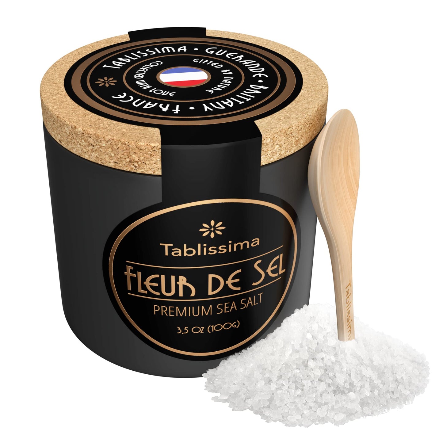 TABLISSIMA Fleur de Sel Premium Sea Salt, Flaky Sea Salt from Guerande, 3.5 oz, White, Includes Cork Box & Wooden Spoon