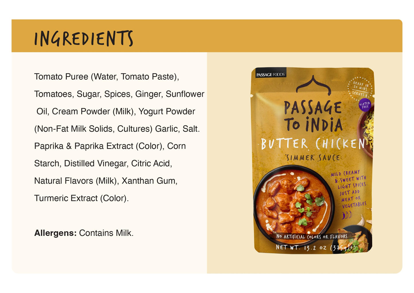 Passage to India Butter Chicken Sauce - Authentic Indian Food Flavor - Simmer Sauce - Convenient Meal Prep - 13.2 oz (Pack of 6)