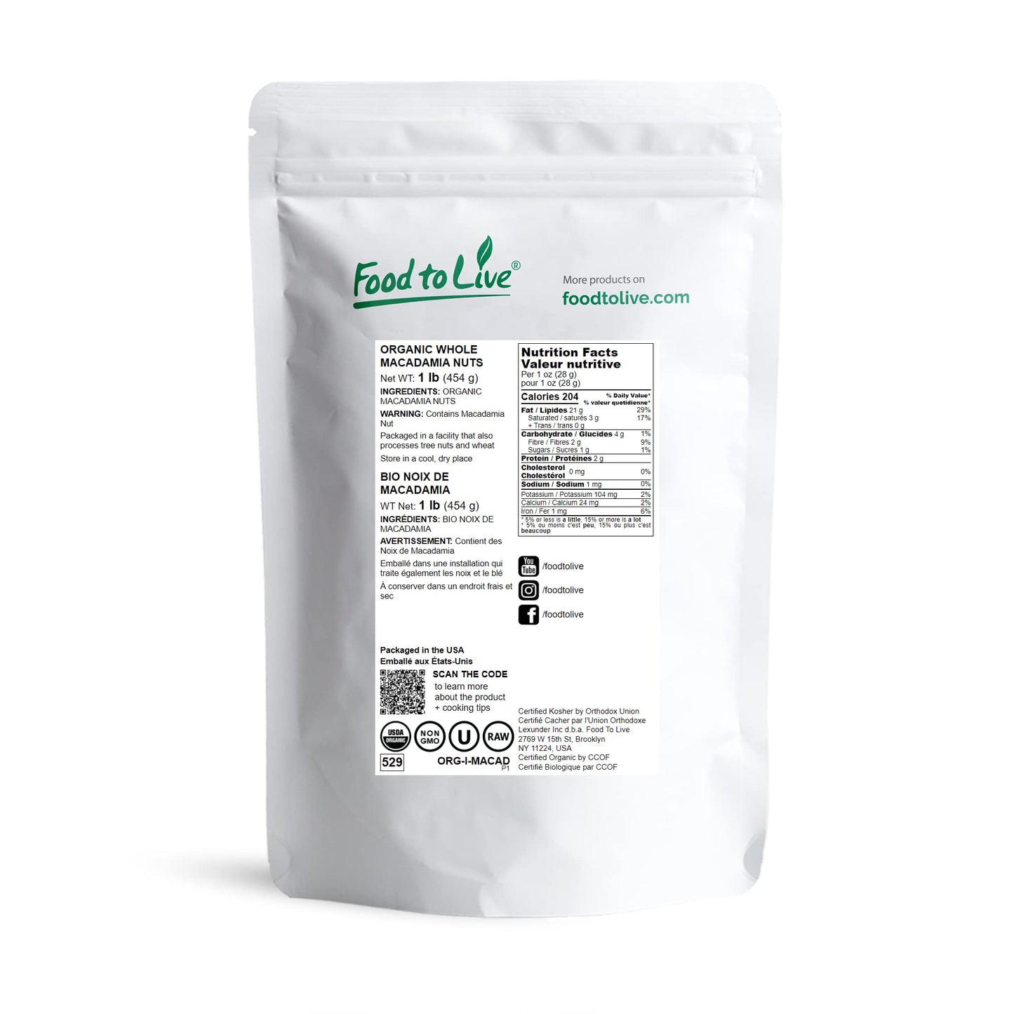 Food To Live Organic Whole Macadamia Nuts, 1 Pound - Non-Gmo, Raw, Shelled, Unsalted, Kosher, Vegan, Bulk. Keto Snack. Buttery F