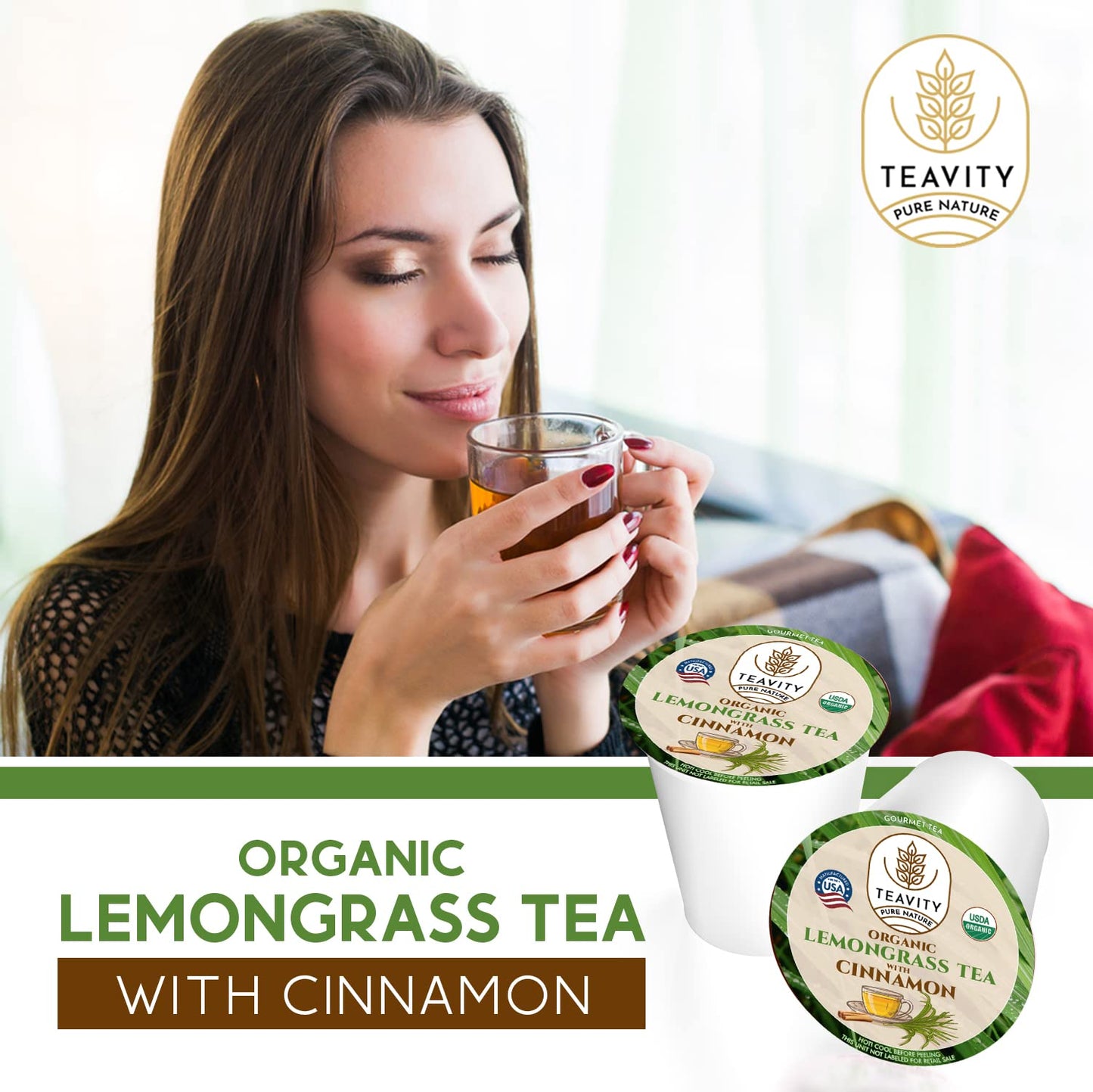Teavity Organic Lemongrass and Cinnamon Tea Pods - Naturally Decaffeinated Herbal Tea, 12 Count