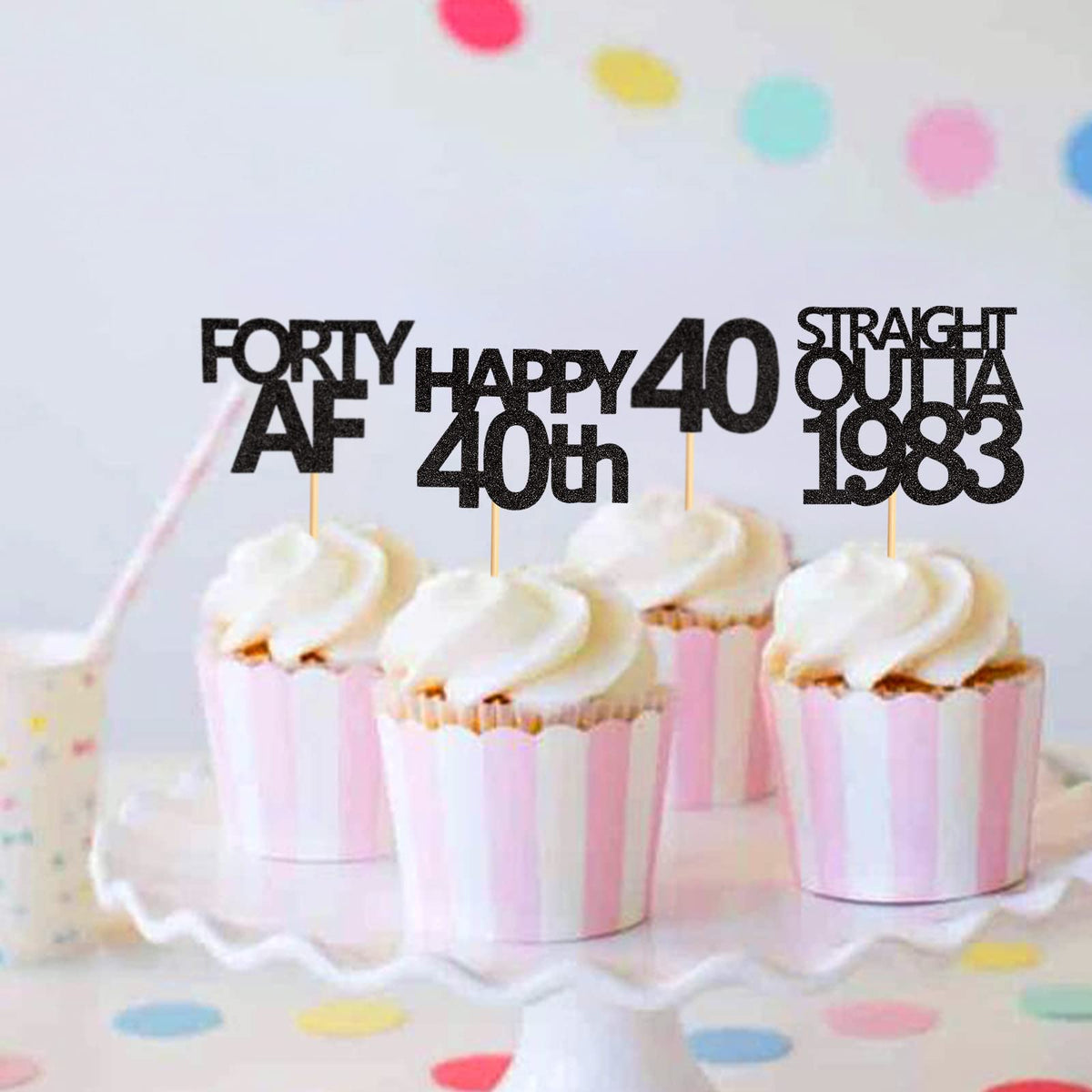 Keaziu 48 Pack Black 40Th Birthday Cupcake Toppers Straight Outta 1983 Cupcake Toppers Happy 40Th Cupcake Toppers Forty Af Cupca