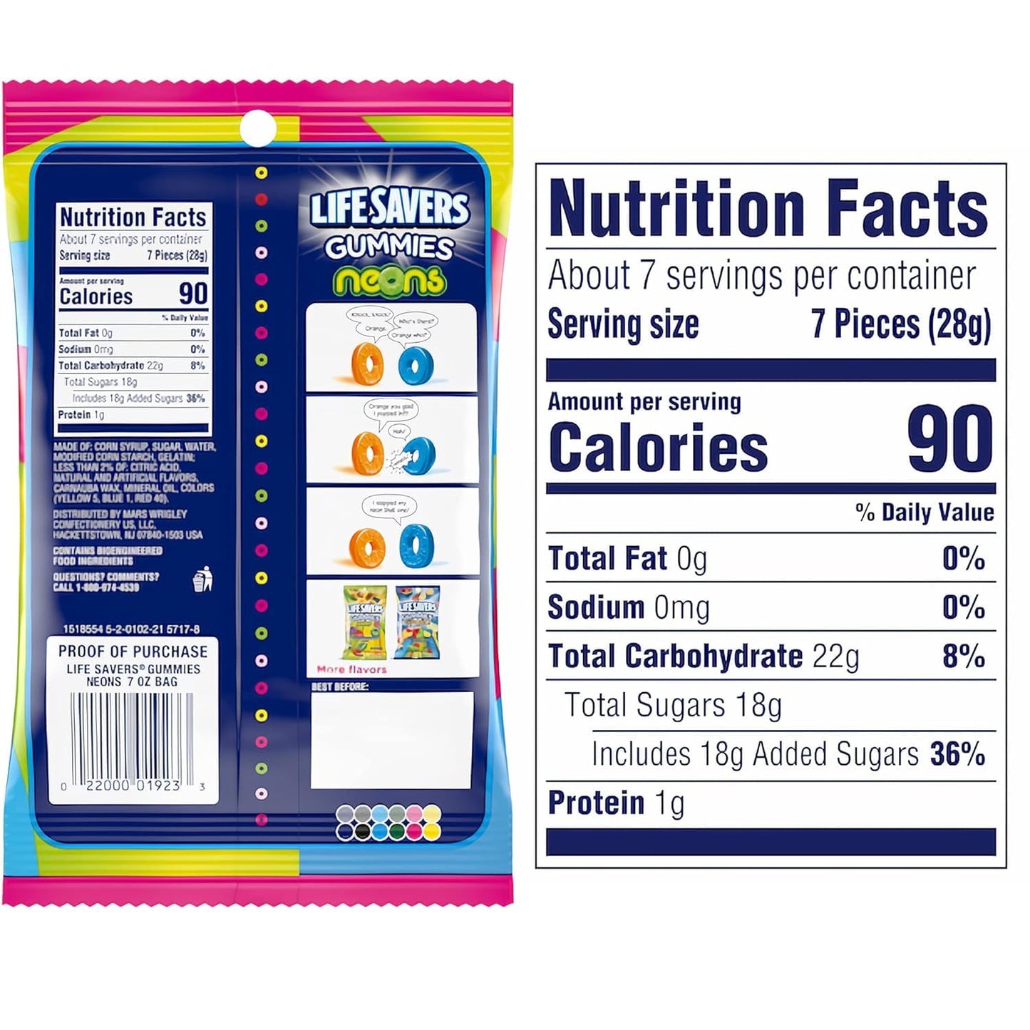 Lifesavers Neons Candy Gummies - 7 oz Bags (Pack of 3) - With Mighty Merchandise Bag Clip