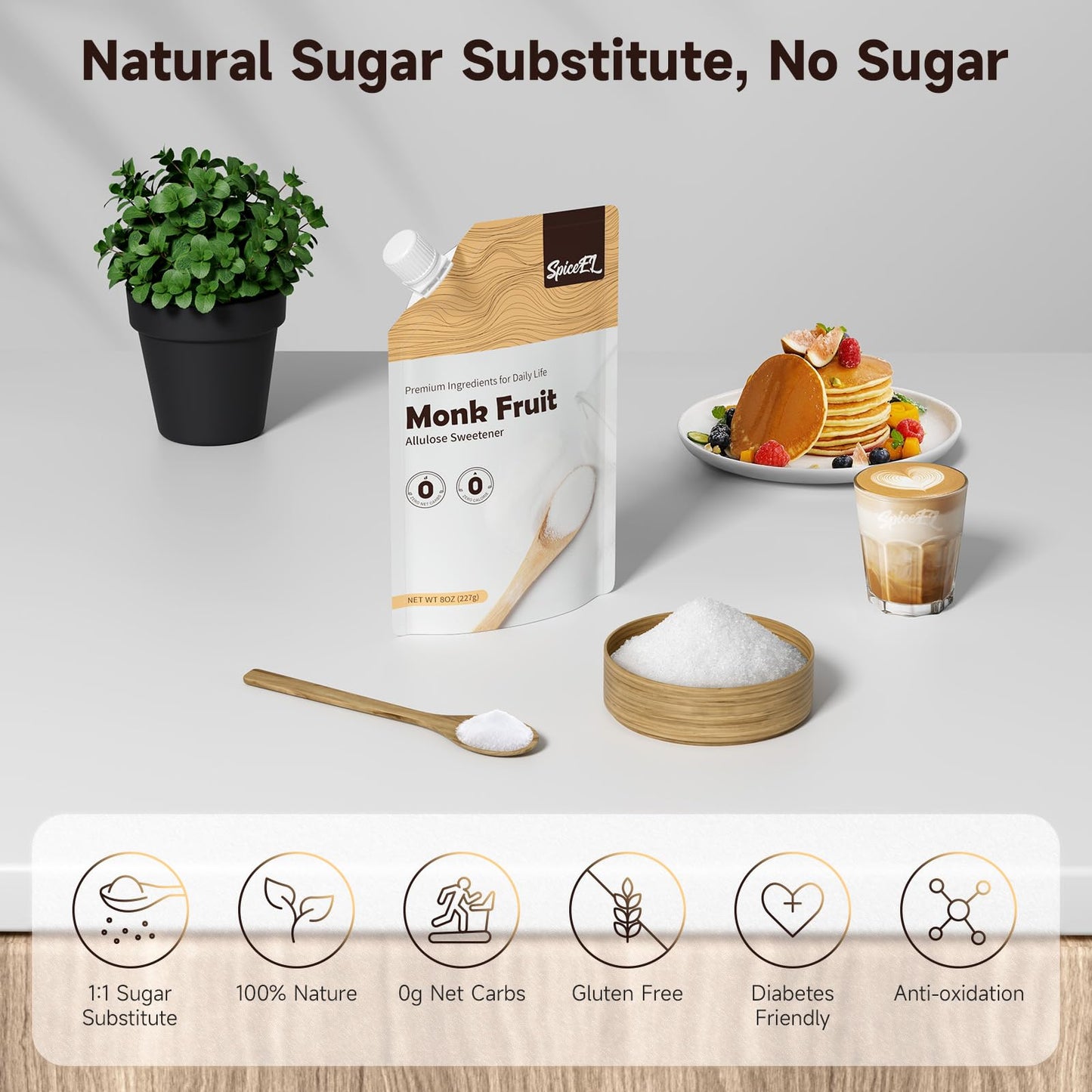 SPICEEL Monk Fruit Sweetener - Sugar Substitute, Gluten Free, Vegan, Keto Friendly - 8 oz