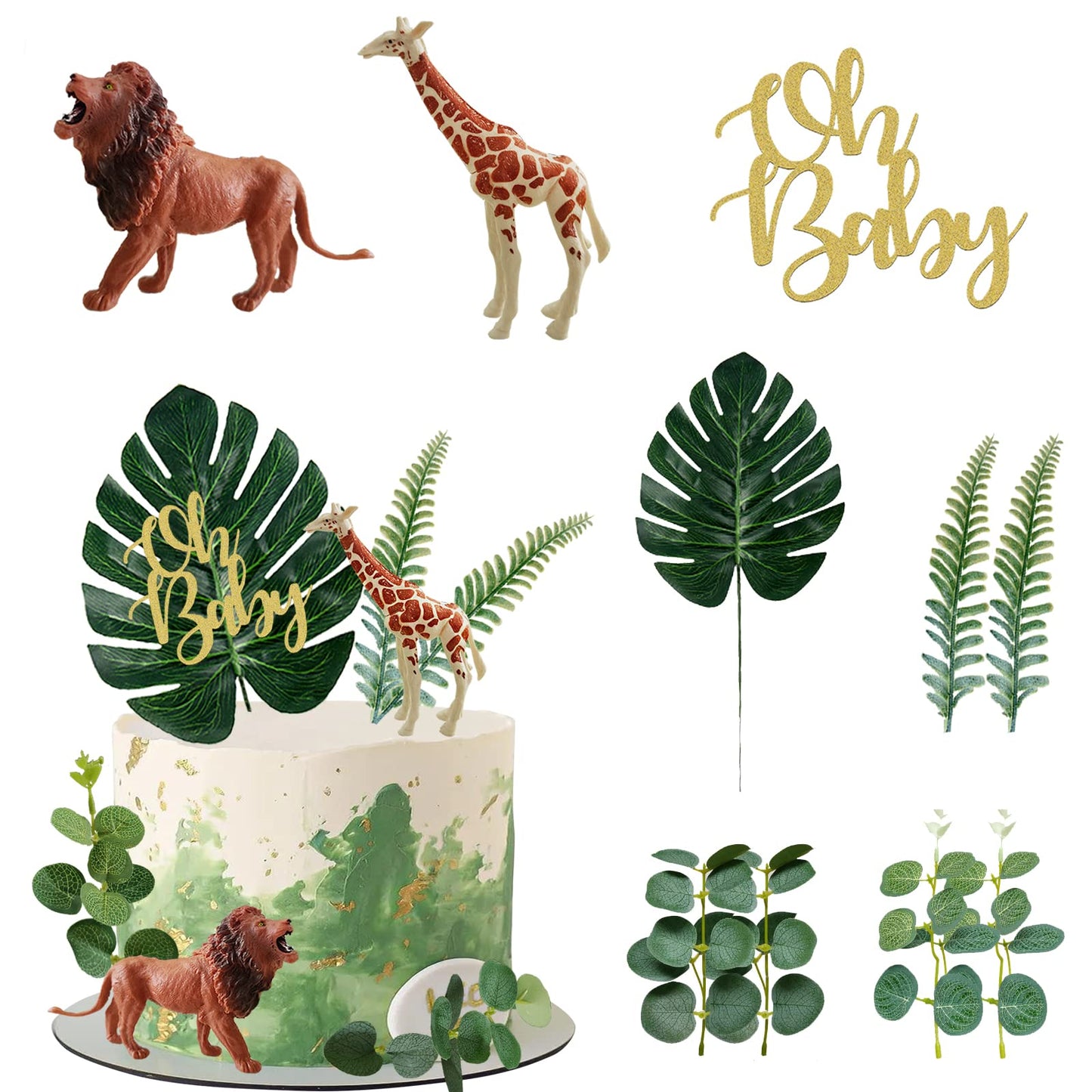 Realistic Safari Jungle Animals Cake Toppers With Plam Leaf Eucalyptus Leaves Cake Decorations For Wild Themed Birthday Baby Sho