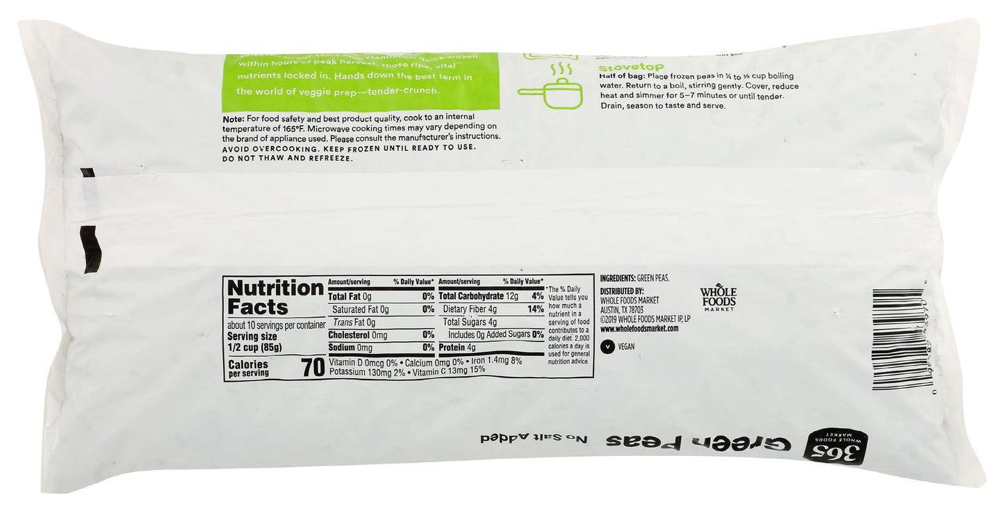365 Everyday Value, Green Peas No Salt Added, 32 Oz, (Frozen)