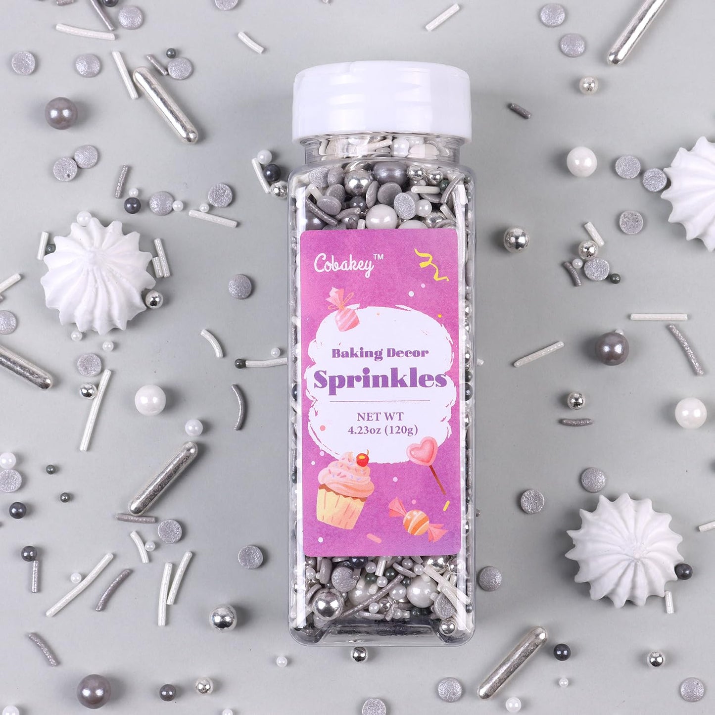 Cobakey Cake Decorating Sprinkles - Metallic & Pearl Mix, 4.23oz, Gray & Silver, Perfect for Cupcakes, Cookies, and Ice Cream