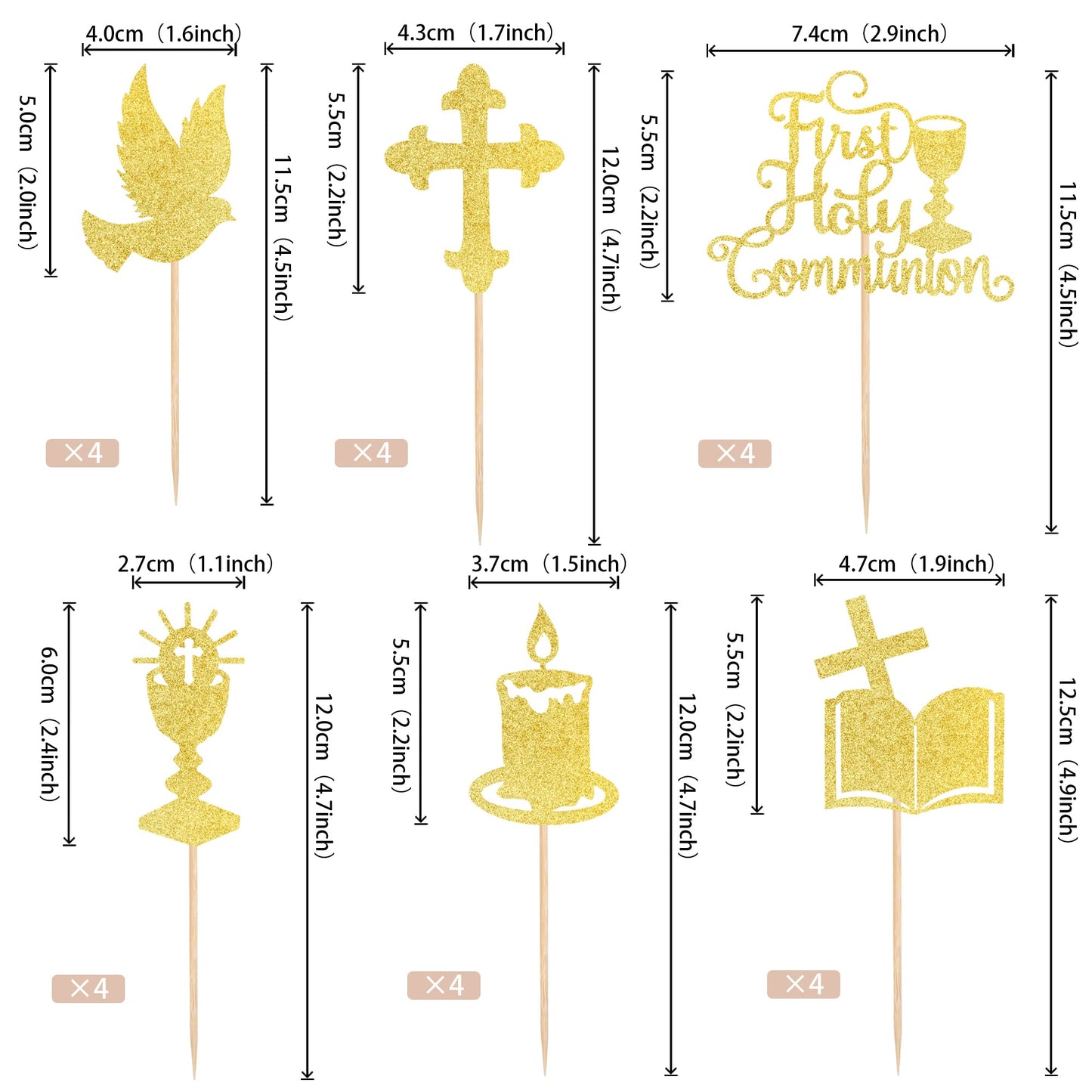 ZHUOWEISM Cupcake Toppers, 25 PCS Gold Glitter First Communion Picks, Bamboo, Small, Design 6