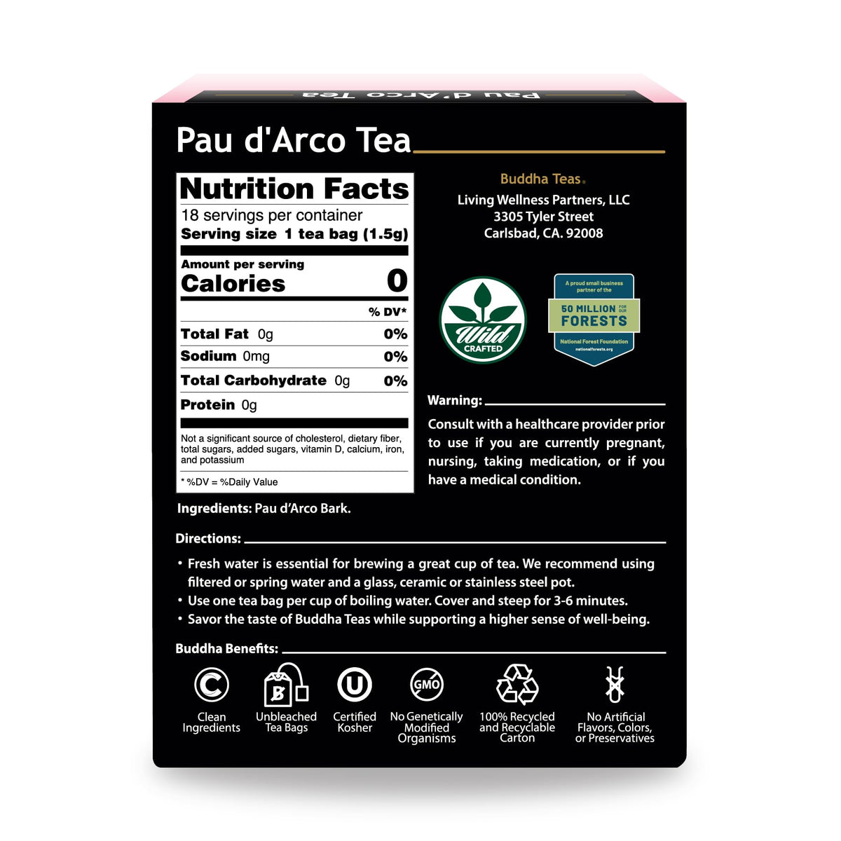Buddha Teas Pau dArco Tea - OU Kosher, 18 Bleach-Free Tea Bags