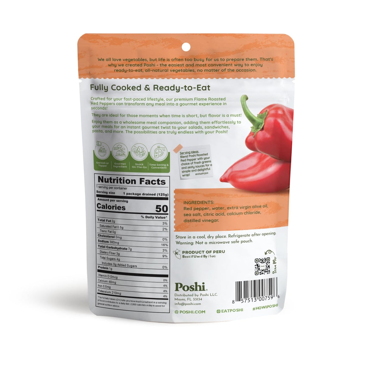 POSHI Flame Roasted Red Peppers in Extra Virgin Olive Oil Natural, Keto, Vegan, Non GMO, Low Carb + Calorie, Gluten Free, Ready