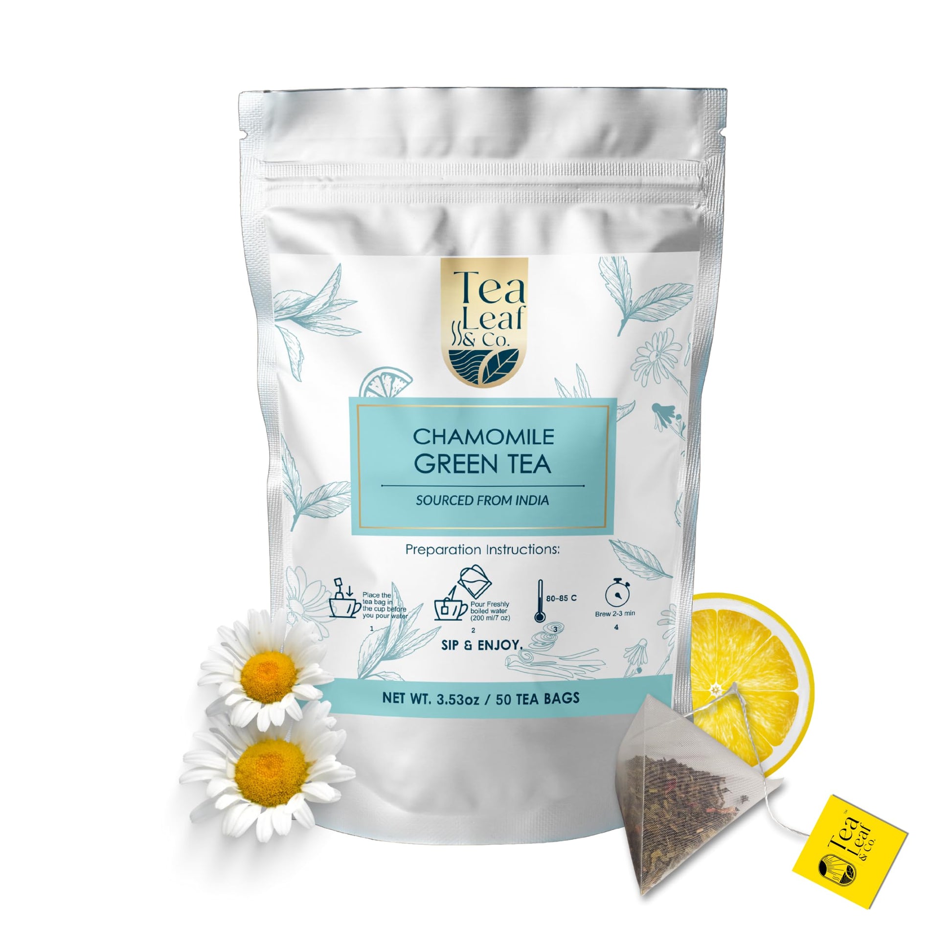 Tea Leaf & Co. Chamomile Green Tea Bags (50 Count), Green Tea With Lemon Extract And Lemongrass, Caffeinated, Real And Natura Gr