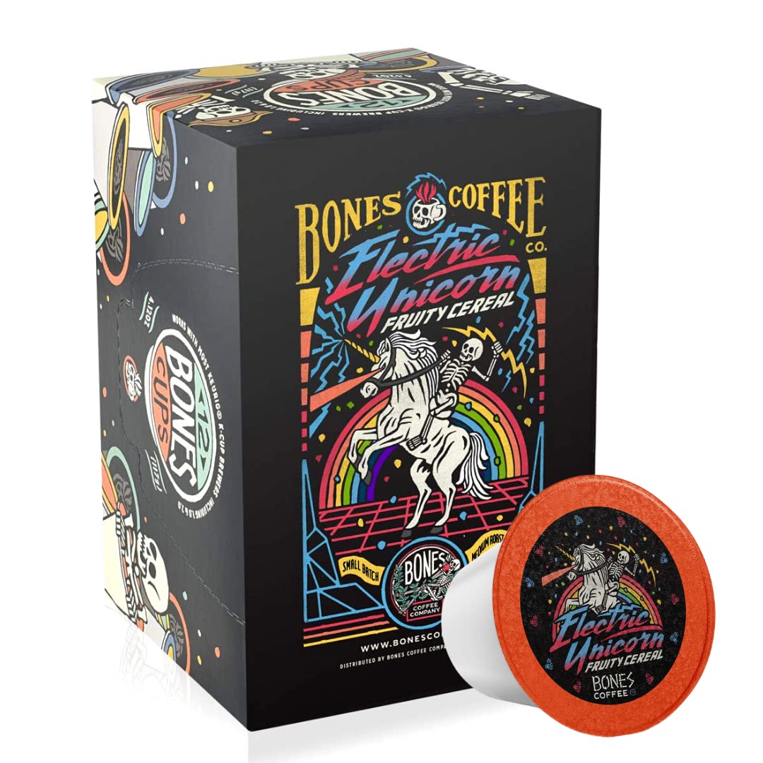 Bones Coffee Company Flavored Coffee Bones Cups Electric Unicorn Fruity Cereal Flavor | 12 Ct Single-Serve Coffee Pods Compatible With 1.0 & 2.0 Keurig Coffee Maker