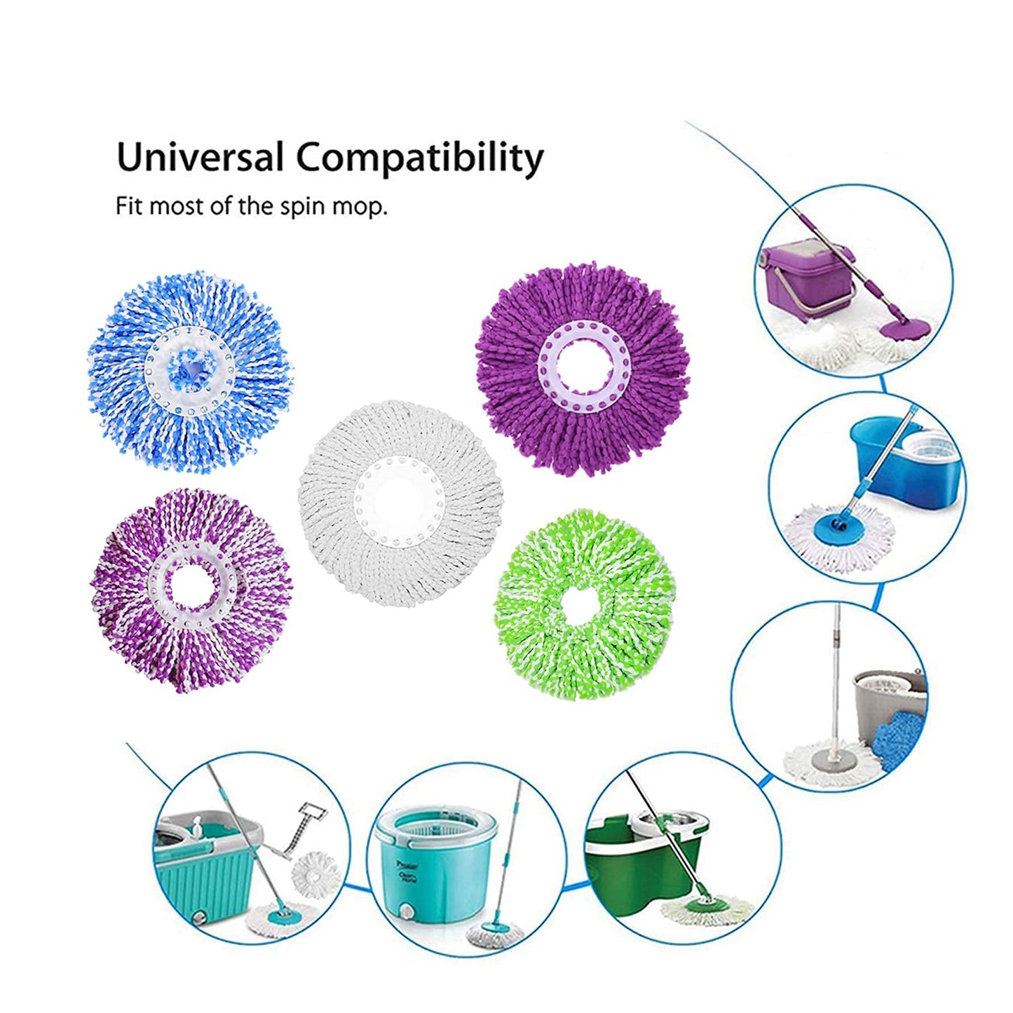 5 Replacement Mop Micro Head Refill For 360 Spin Magic Mop-Microfiber Replacement Mop Head-Round Shape Standard Size