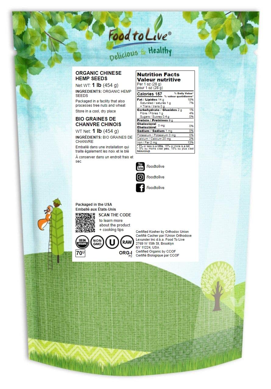 Food To Live Organic Hemp Seeds, 1 Pound – Non-Gmo Raw Hearts, Hulled, Shelled, Kosher, Vegan, Bulk, Low Carb, Low Sodium, Good Source Of Protein & Iron, Great For Oatmeal, Product Of China