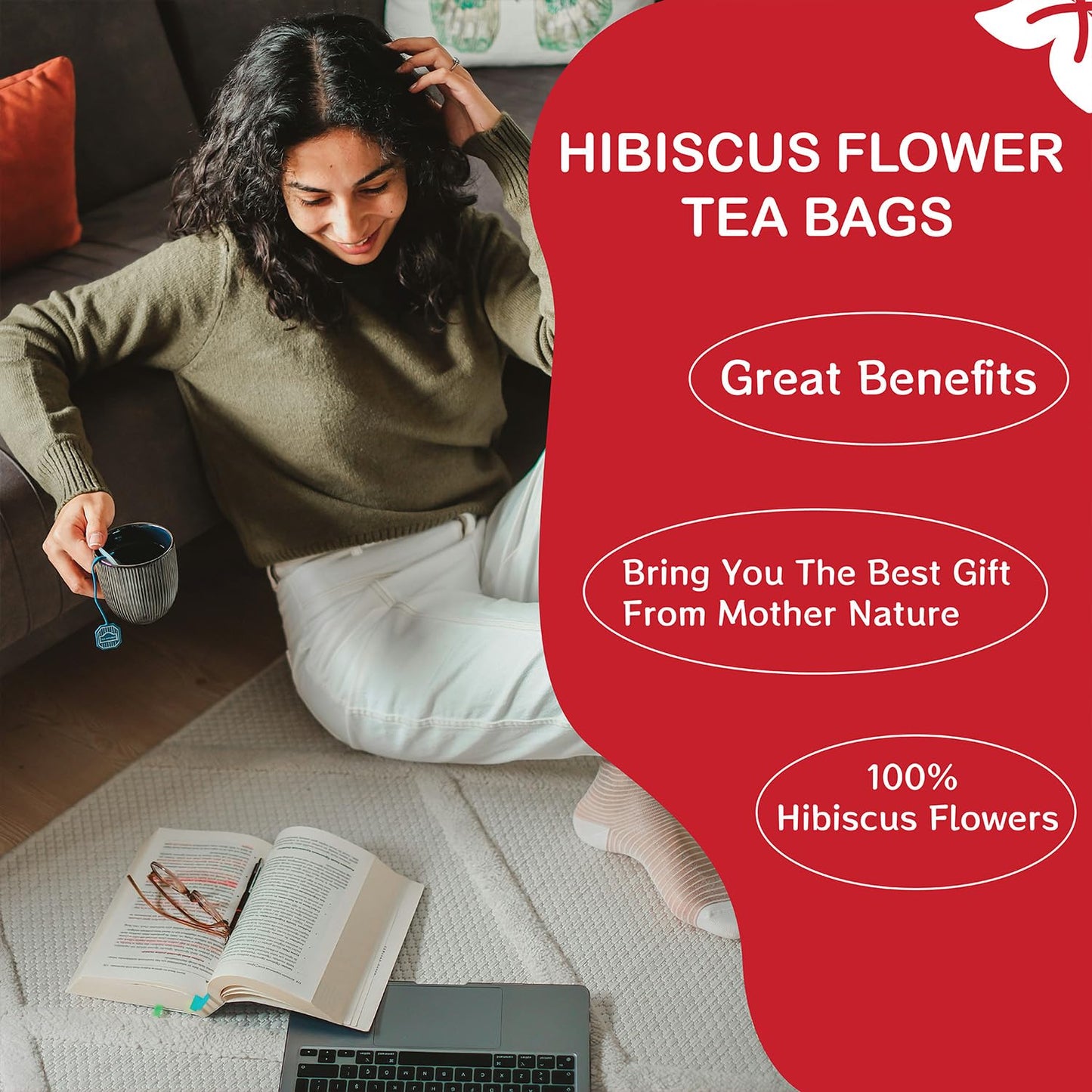 tsoneoo Premium Hibiscus Flowers Tea Bags - 100% Natural Herbal Tea - Vegan Friendly - No Sugar, Caffeine, or Gluten - 20 Count