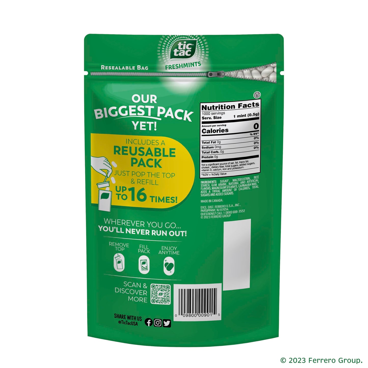 Tic Tac Bulk Resealable Refill Bag, Freshmint Breath Mints, On-The-Go Refreshment, Includes Empty Refillable Pack, 17.2 oz