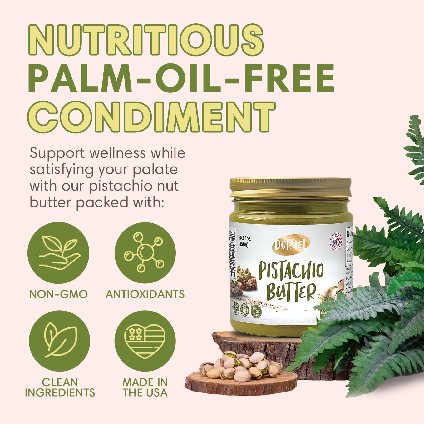 Dorrel Pistachio Butter, Dairy-Free Spreadable, 60% California Pistachios, Vegan, Kosher, 15.88 Ounce (450g)