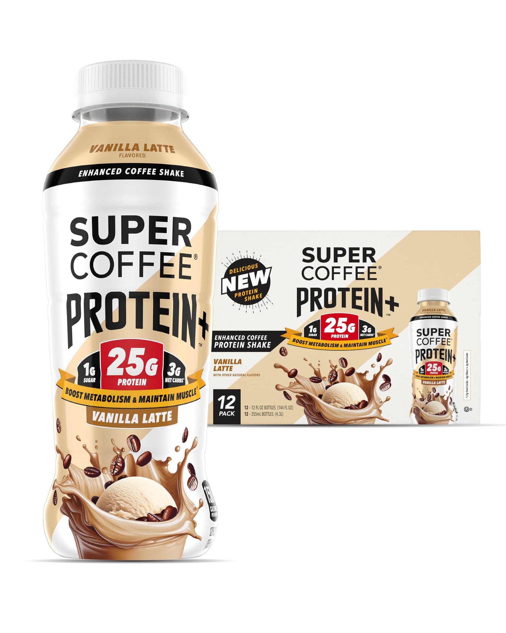 SUPER COFFEE Protein+  Keto Protein Coffee (0g Added Sugar  25g Protein  150 Calories) [Vanilla] 12 Fl Oz  12 Pack | Iced Smart Coffee Drinks