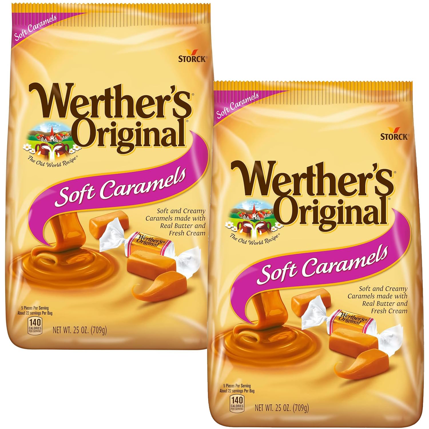 Werthers Soft Caramel  Original Caramel Cream 25 Ounce Bags (Pack of 2) - Individually Wrapped Werther Chewy Caramels - The Hampton Popcorn & Candy Company