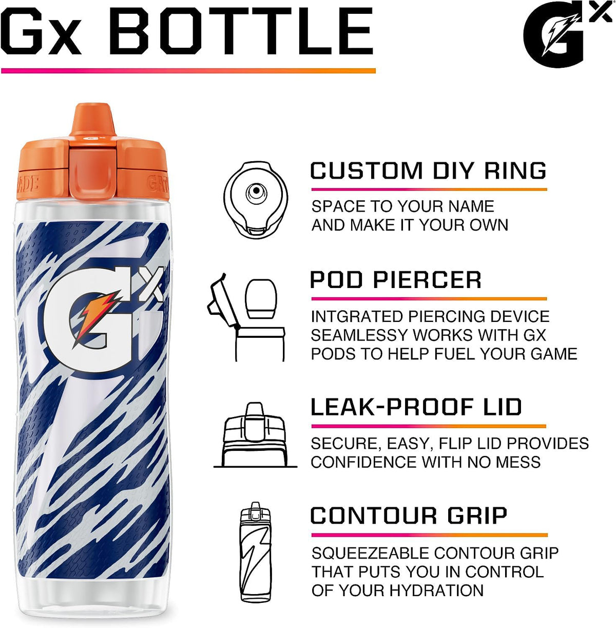 Gatorade Gx NFL Non-Slip Squeeze Bottles & Hydration System, 30 Ounces, Plastic, Indianapolis Colts, Model 10052000056874