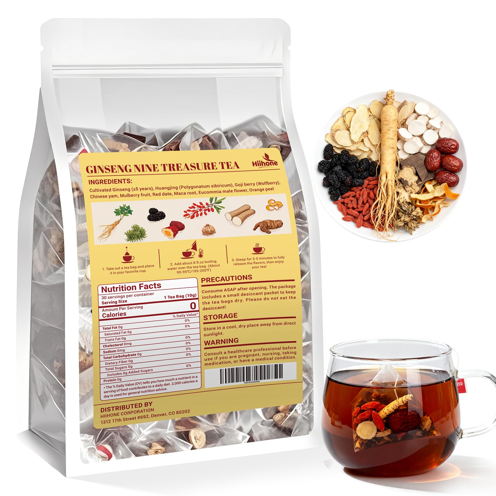 Kidney Tea Formula Flavor Blendseng Six Treasure Tea  Traditional Chinese Herbal Tea Bags  Flavor Blendseng Five Treasures Tea For Men &Women  9 Precious Ingredients Formula  (30 Bags/1 Pack)