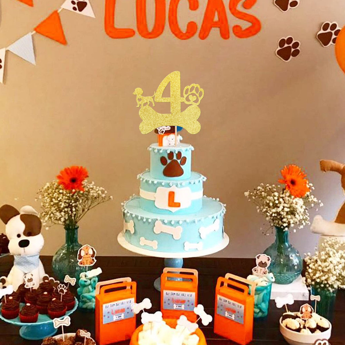 1 Pcs 4Th Birthday Cake Topper With Gold Glitter Dog Bone Four Years Old Birthday Cake Pick Puppy Dog Paw Cake Decorations For L