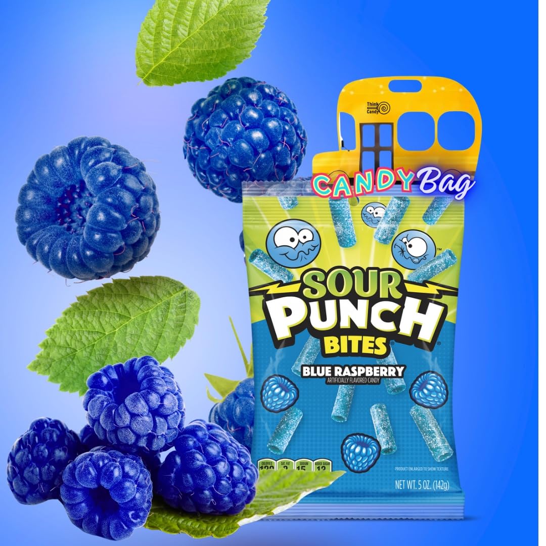 (Pack Of 3) Sour Punch Bites Straws 5Oz Each Bag - Unique Variety Pack Rad Reds, Blue Raspberry, Tropical Blends - Blue Raspberr