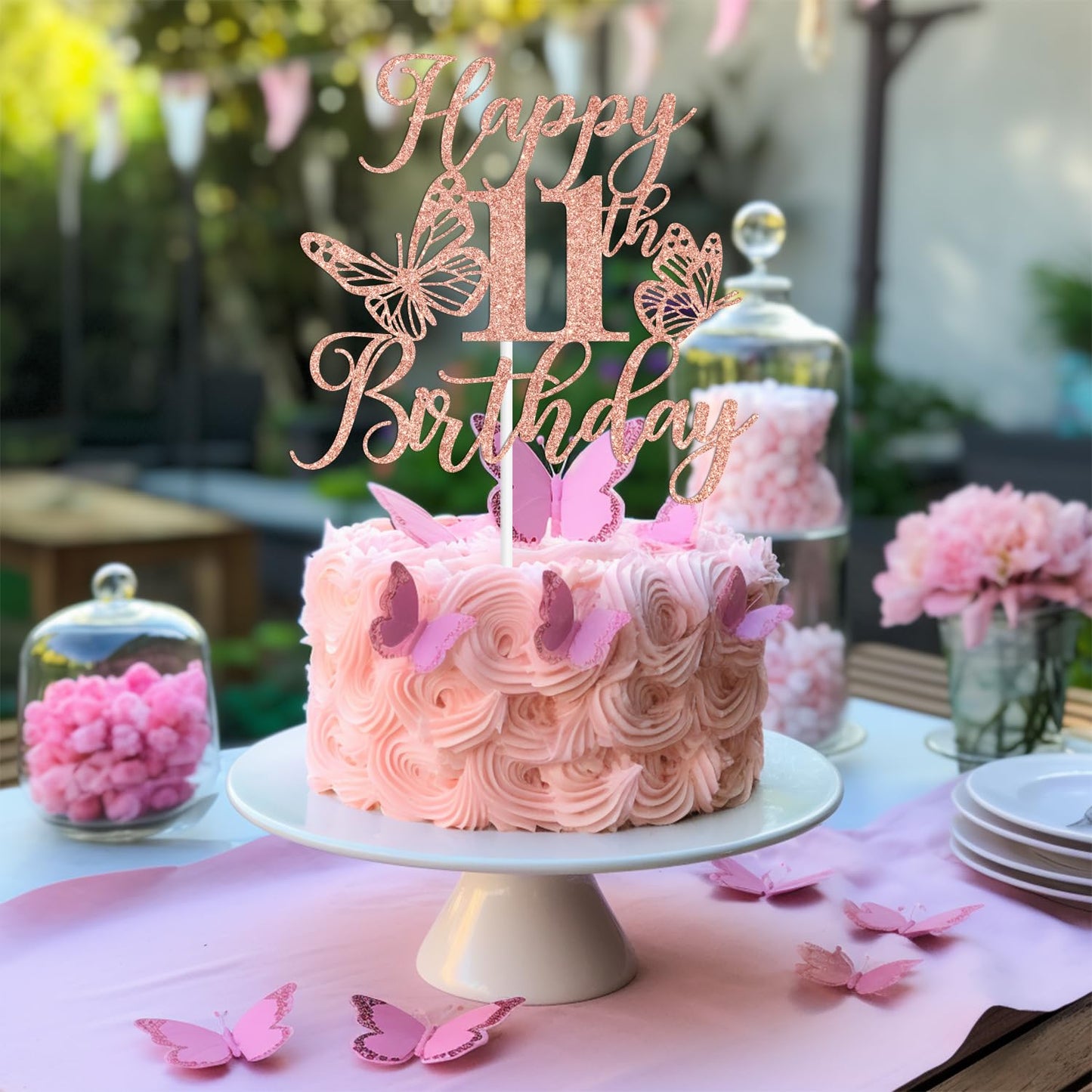Rose Gold Glitter Happy 11Th Birthday Cake Topper, Butterfly Happy 11Th Birthday/Cheers To 11 Years, Butterfly Themed 11Th Birth