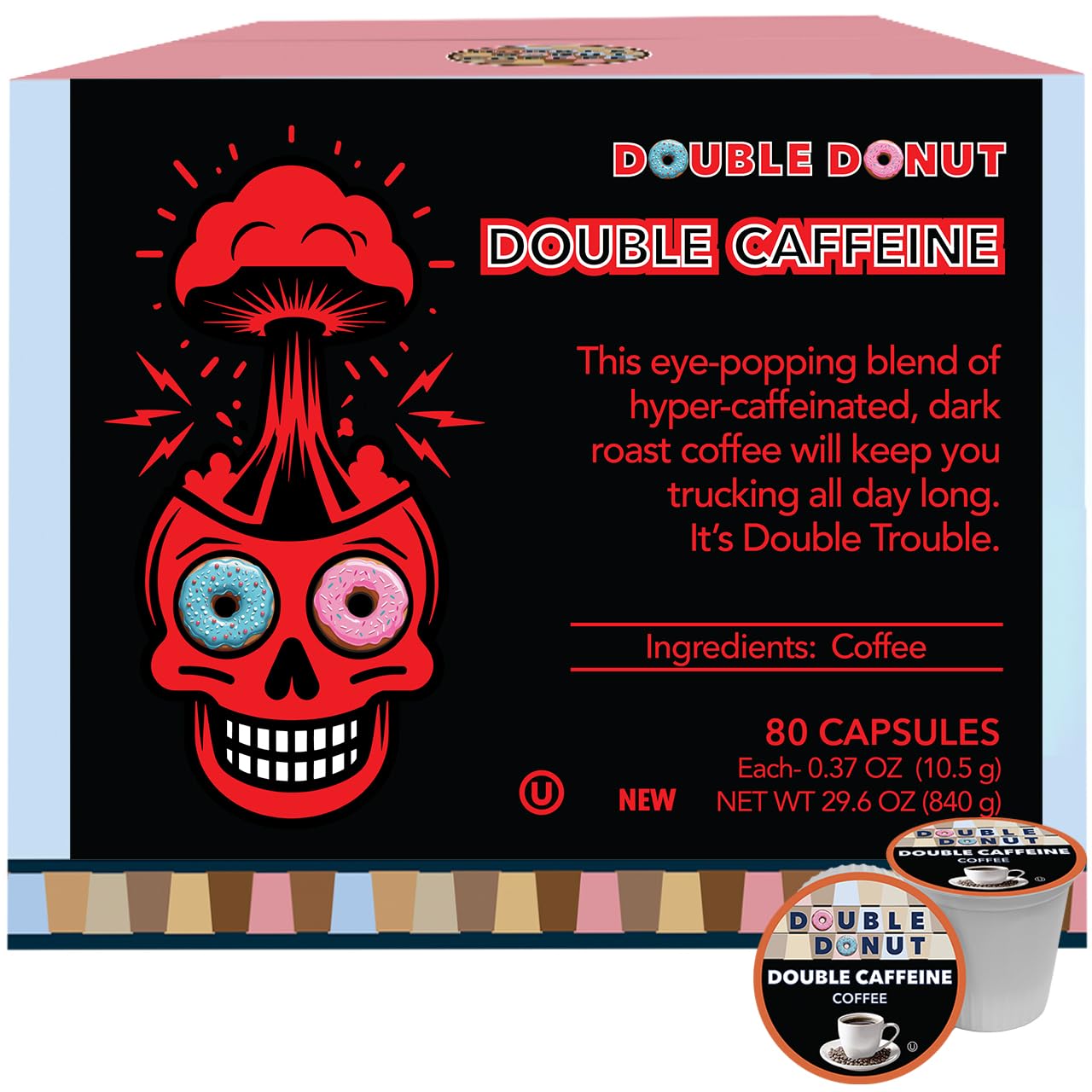 Double Donut Coffee Pods, Extra Strong Dark Roast, 80 Count for Keurig K Cup Brewer