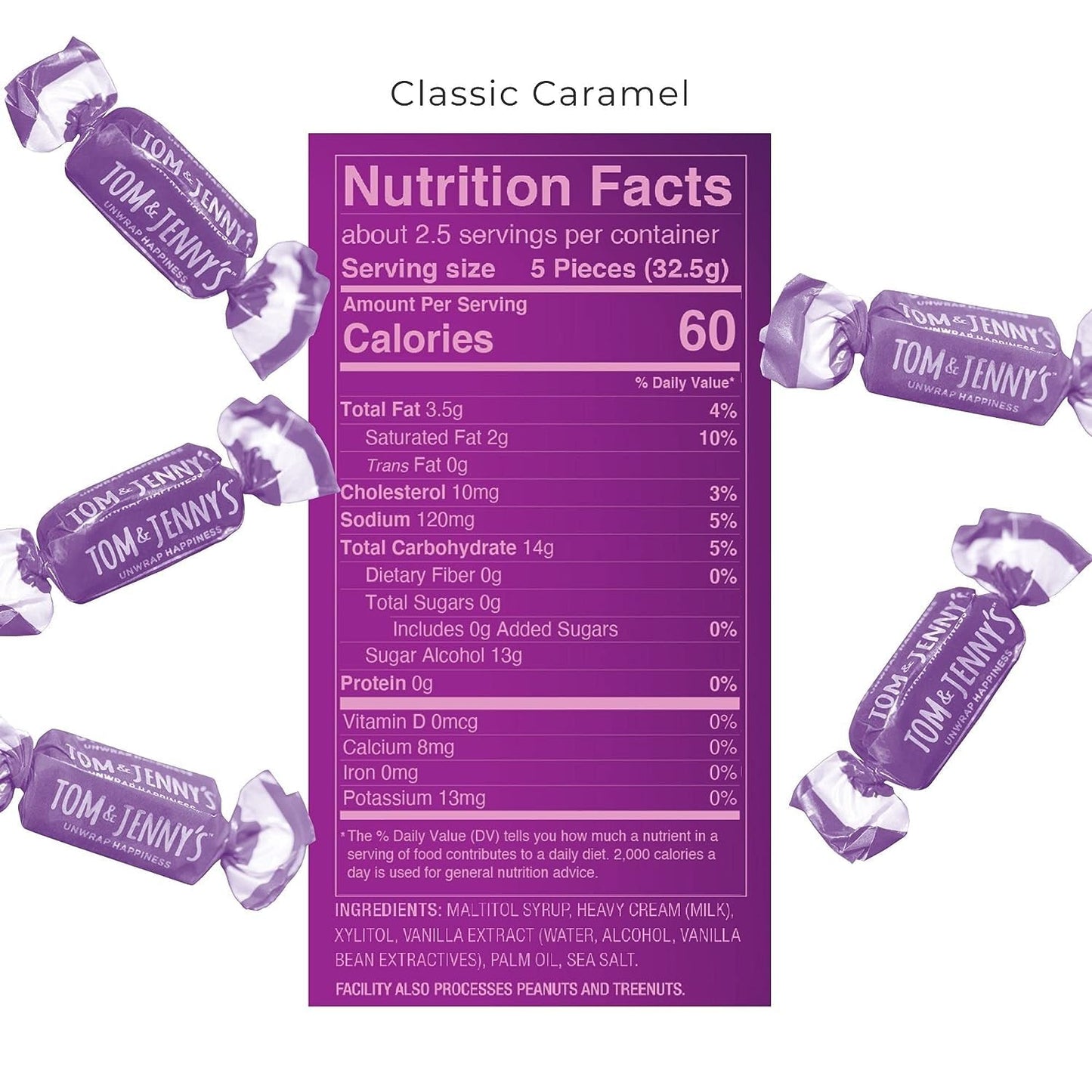 Tom & Jennys Sugar Free Candy (Soft Caramel) With Sea Salt And Vanilla - Low Net Carb Keto Candy - With Allulose And Maltitol - (Classic Caramel, 2-Pack)
