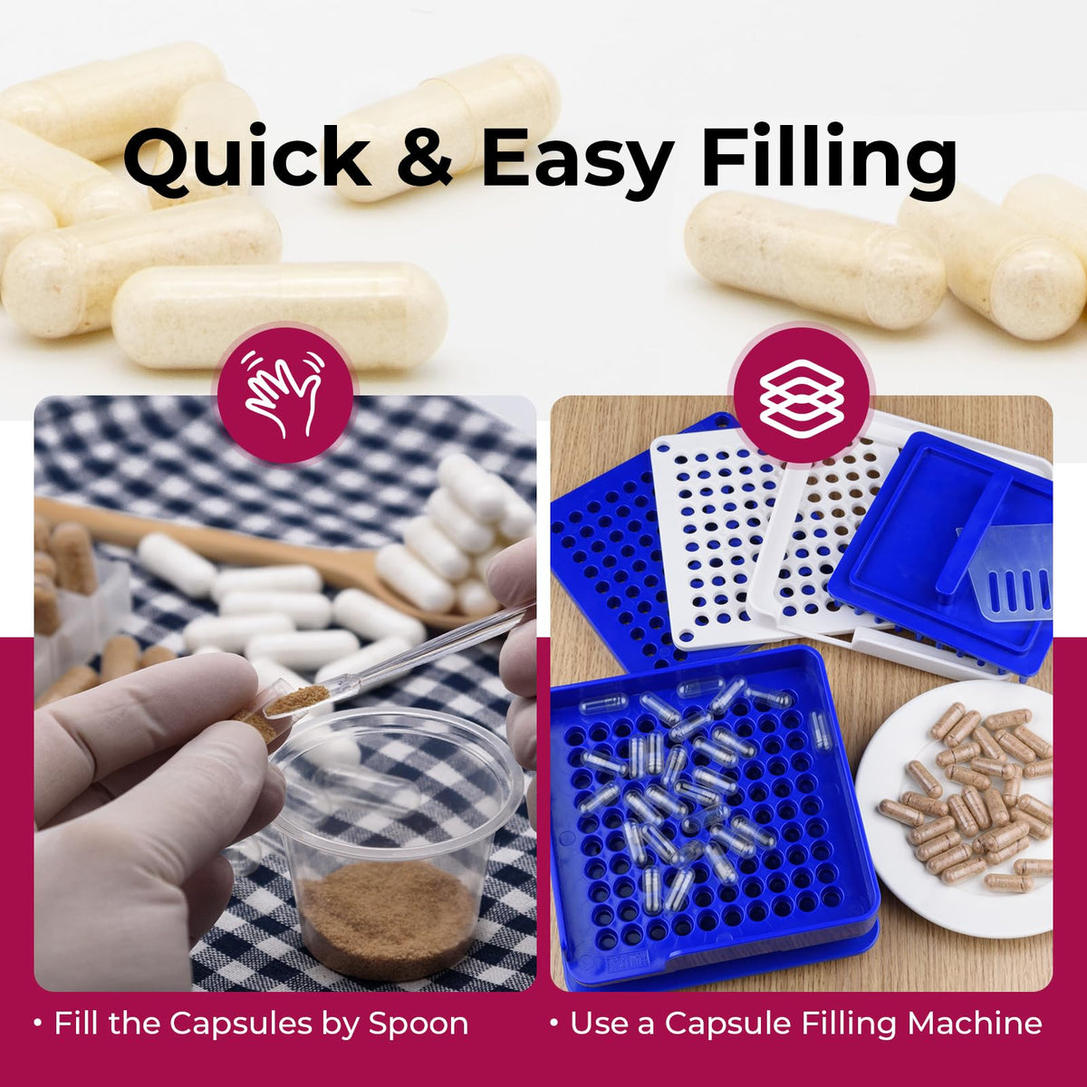ATLEMISME Empty Gelatin compact pieces Size 4 - 100 Count Clear Gel Caps with 2 Filling Spoons