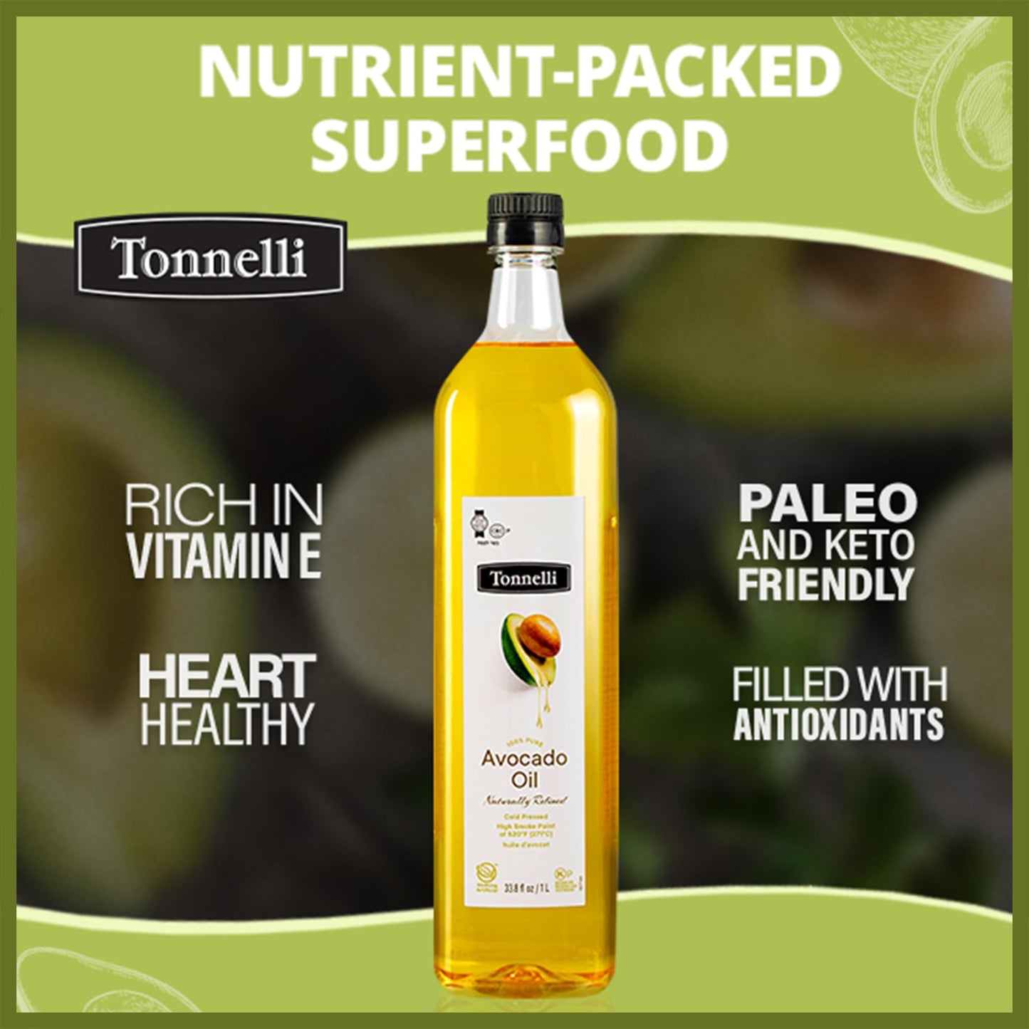 Tonnelli Premium Cold Pressed Naturally Refined Avocado Oil, 1 Liter (2 Pack) | High Smoke Point 520F | Product Of Spain | Certi