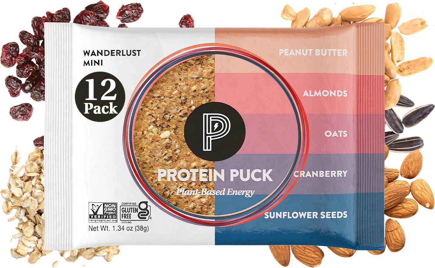 Protein Puck Vegan Plant based Protein Bar - Natural Healthy Snack Bars, 12 Count, 1.34oz Mini, Gluten Free, Dairy Free, No GMO,