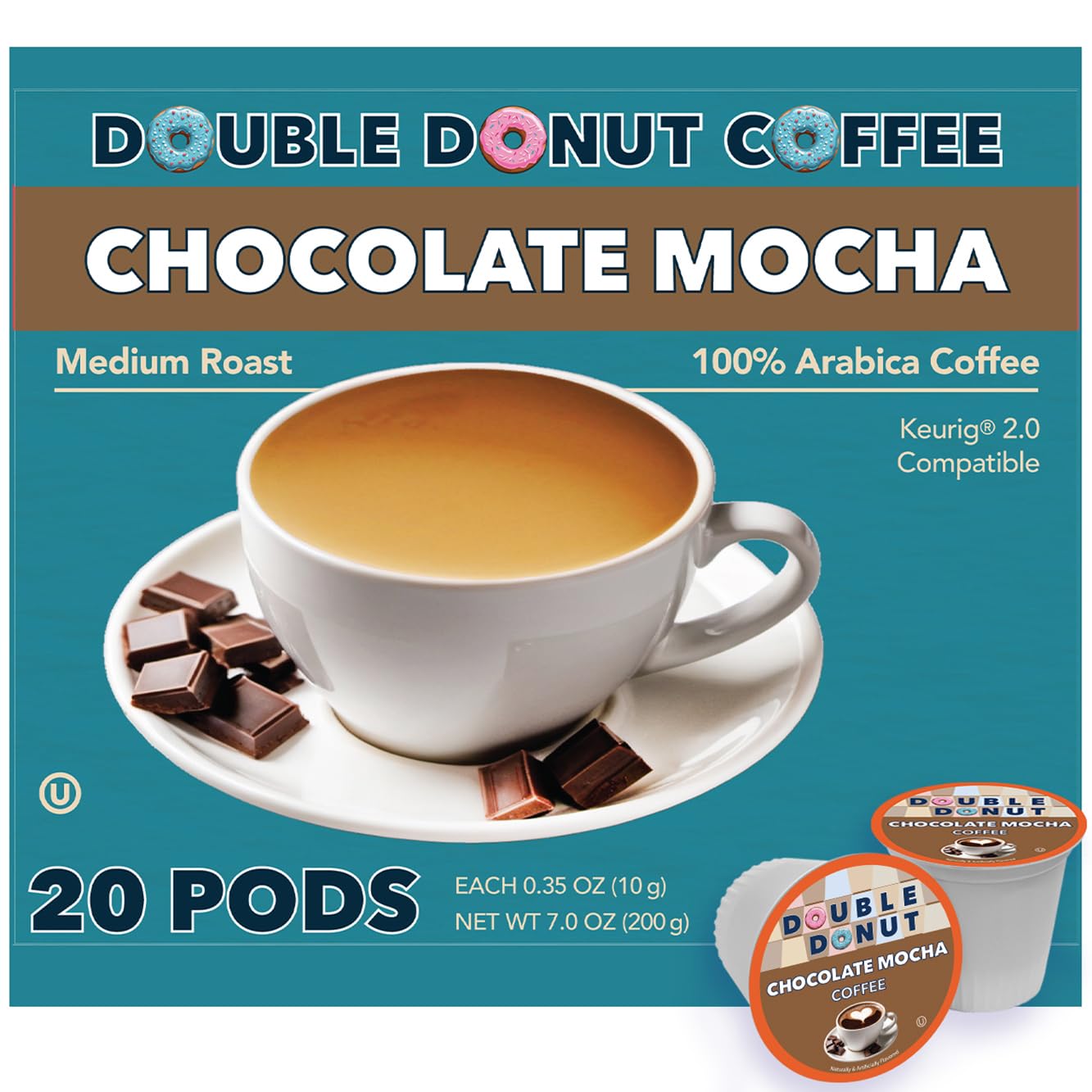 Double Donut Coffee Chocolate Mocha Coffee Pods, Medium Roast, 20 Count, Compatible with Keurig K Cups