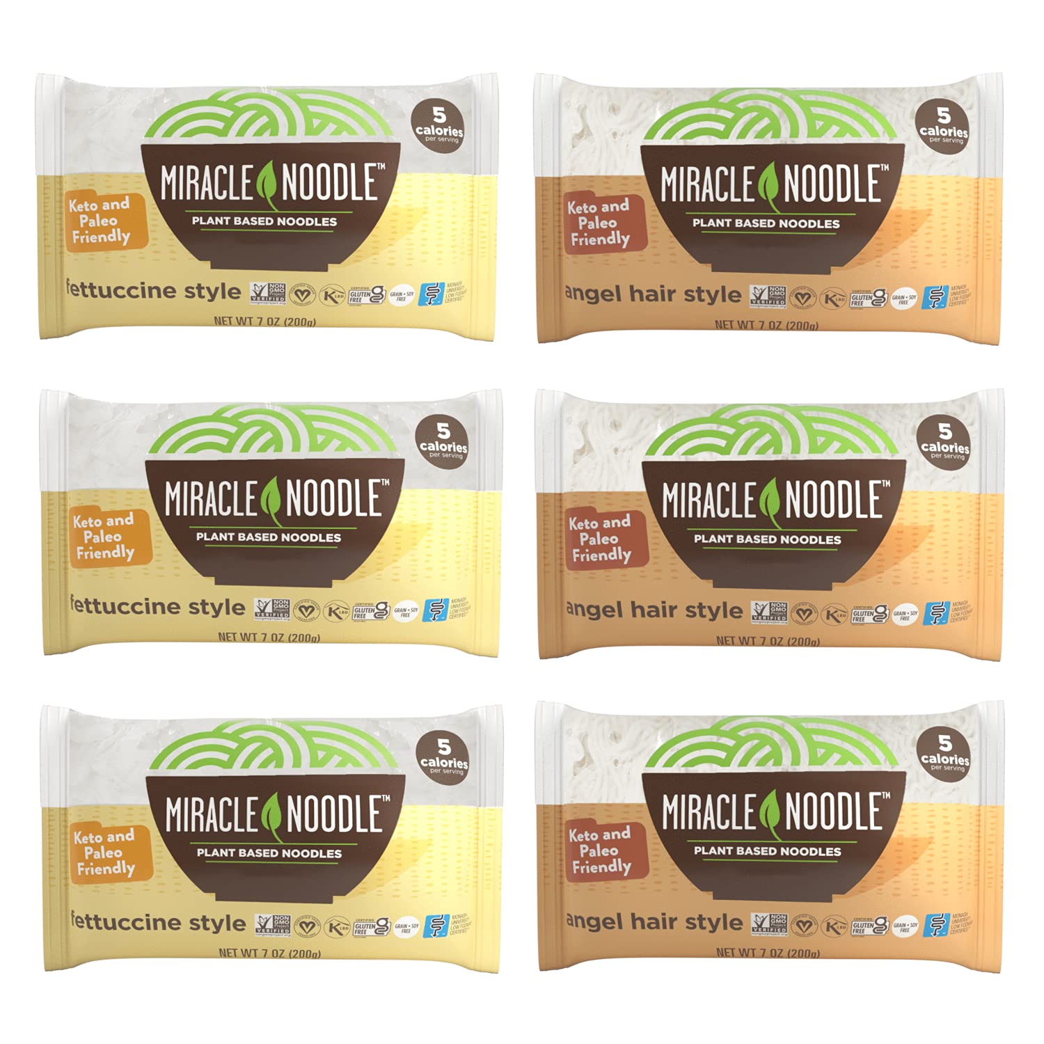 Miracle Noodle Shirataki Noodles Variety Pack - Fettuccine & Angel Hair, Keto, Vegan, Gluten-Free, 7 oz, 6-Pack