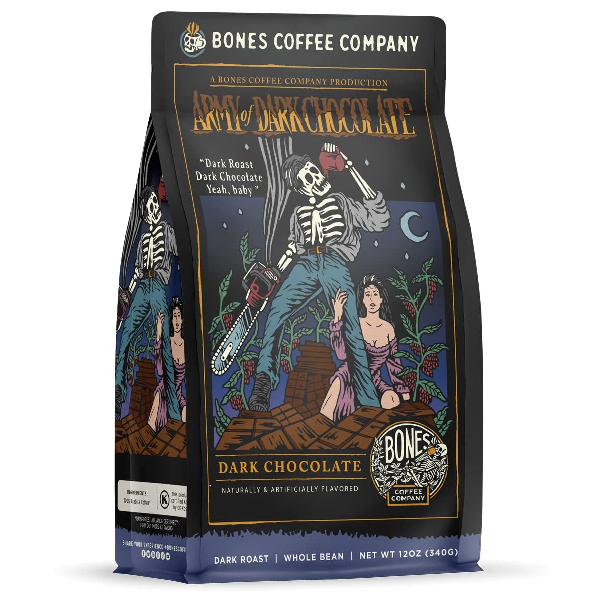 Bones Coffee Company Decaf Army Of Dark Chocolate Whole Coffee Beans, Low Acid Flavored Coffee, Made With Arabica Coffee Beans,