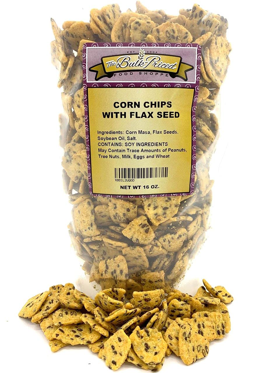 Corn Chips with Flax Seed, Healthy Snacks, Bulk Size (1 lb. Resealable Zip Lock Stand Up Bag)