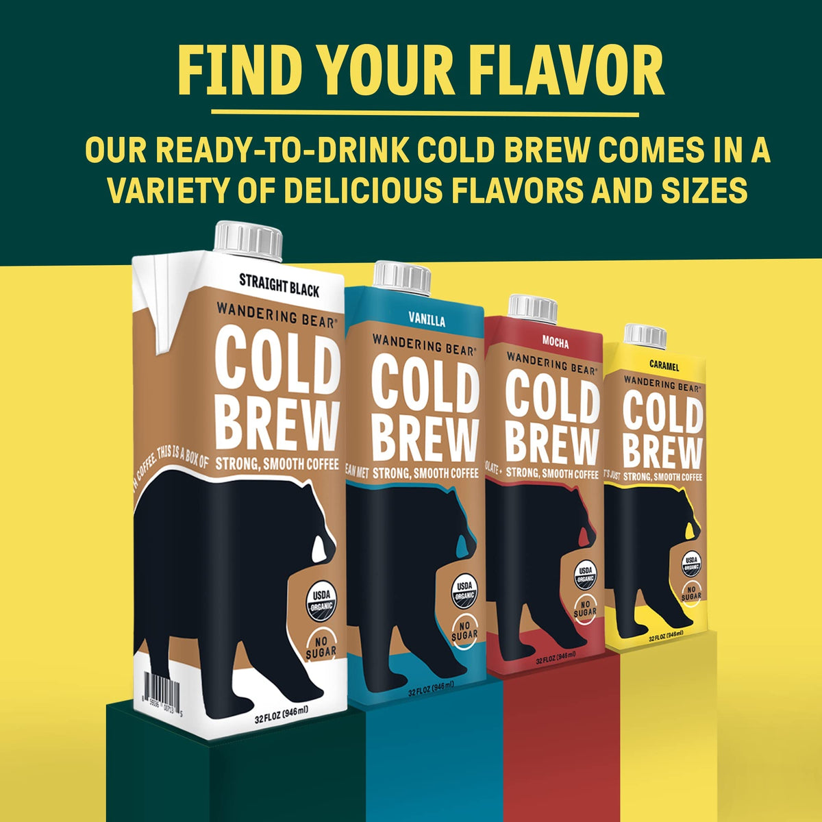 Wandering Bear Extra Strong Organic Cold Brew Coffee, Straight Black, 32 fl oz, 1 pack - Smooth, Organic, Unsweetened, Shelf-Sta