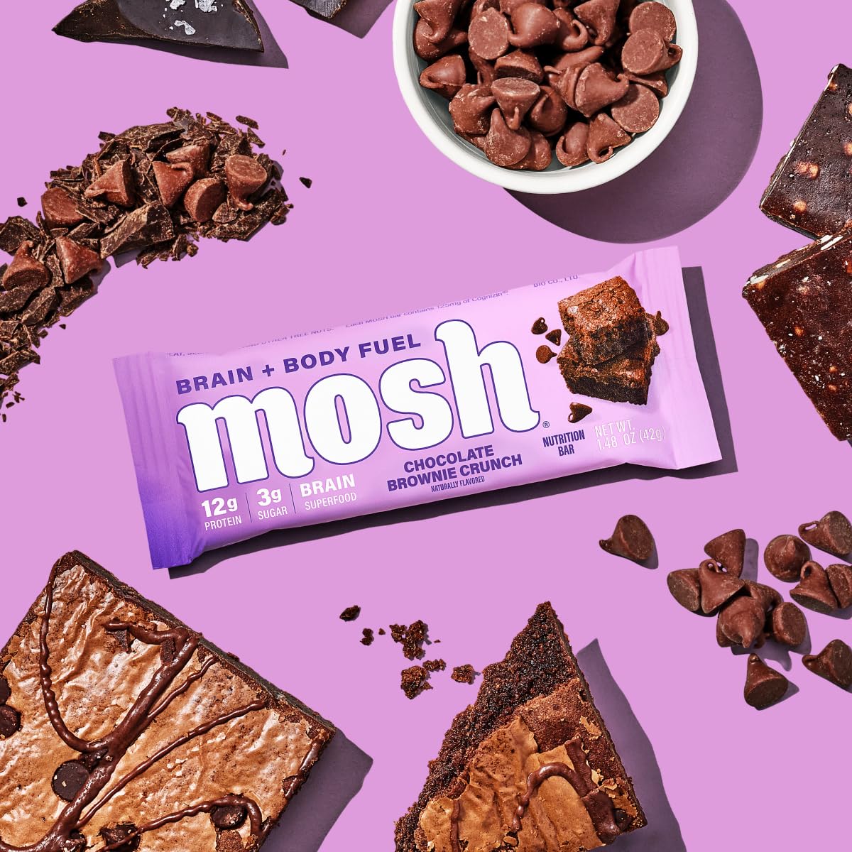 Mosh Chocolate Brownie Keto Protein Bars, High Fiber, Low Carb, Gluten Free, High Protein, Brain Healthy Snack, 12 Count