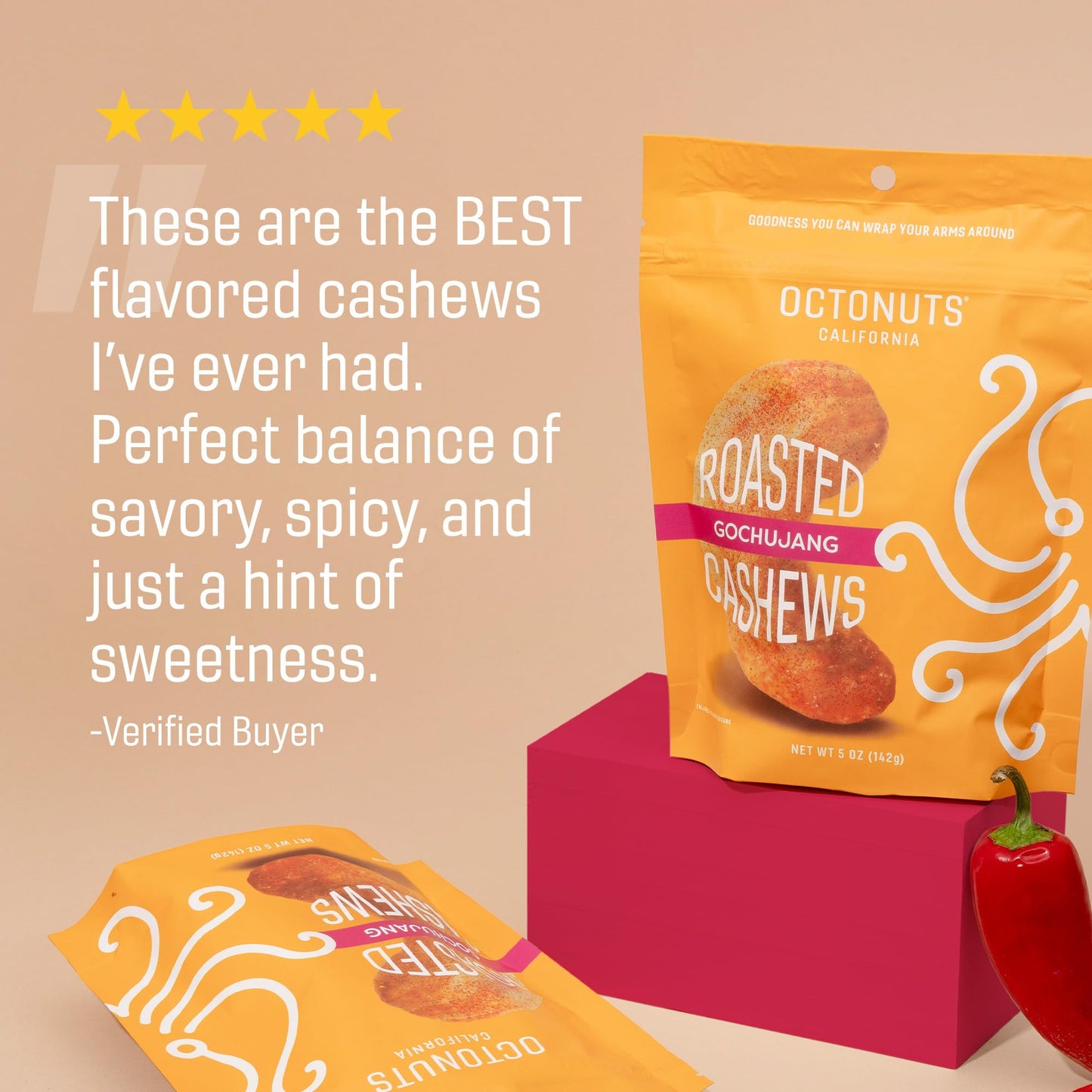 Octonuts Chili Crisp Cashews - Roasted in Almond Oil (5oz) Bold Chili and Garlic Crunch - Plant Based Protein Snack - Healthy, V