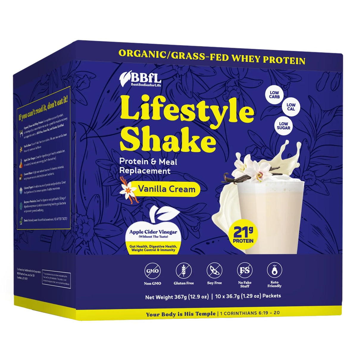 BBfL Grass-Fed Whey Protein Shake, 21g Protein, Vanilla Bean, Prebiotics, 10 Servings