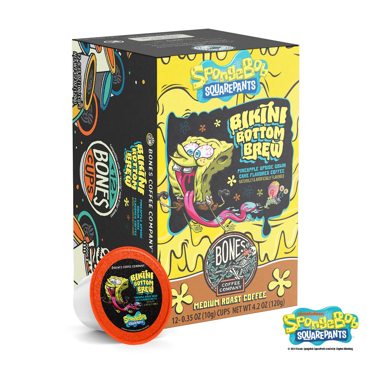 Bones Coffee Company Flavored Coffee Bones Cups Bikini Bottom Brew Flavored Pods Pineapple Upside Down Cake Flavor | 12Ct Single